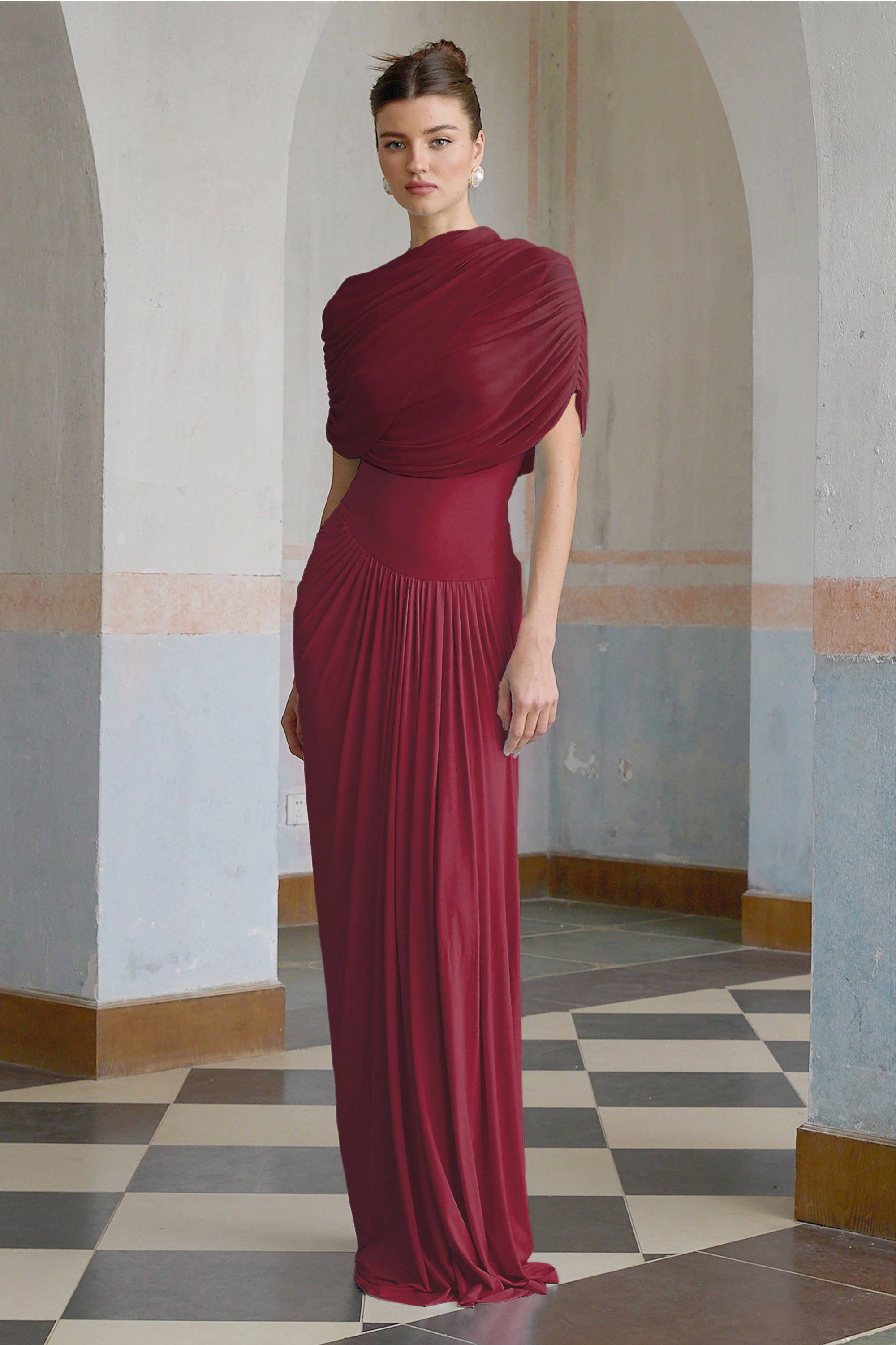 Catherine asymmetric pleated maxi dress in Red