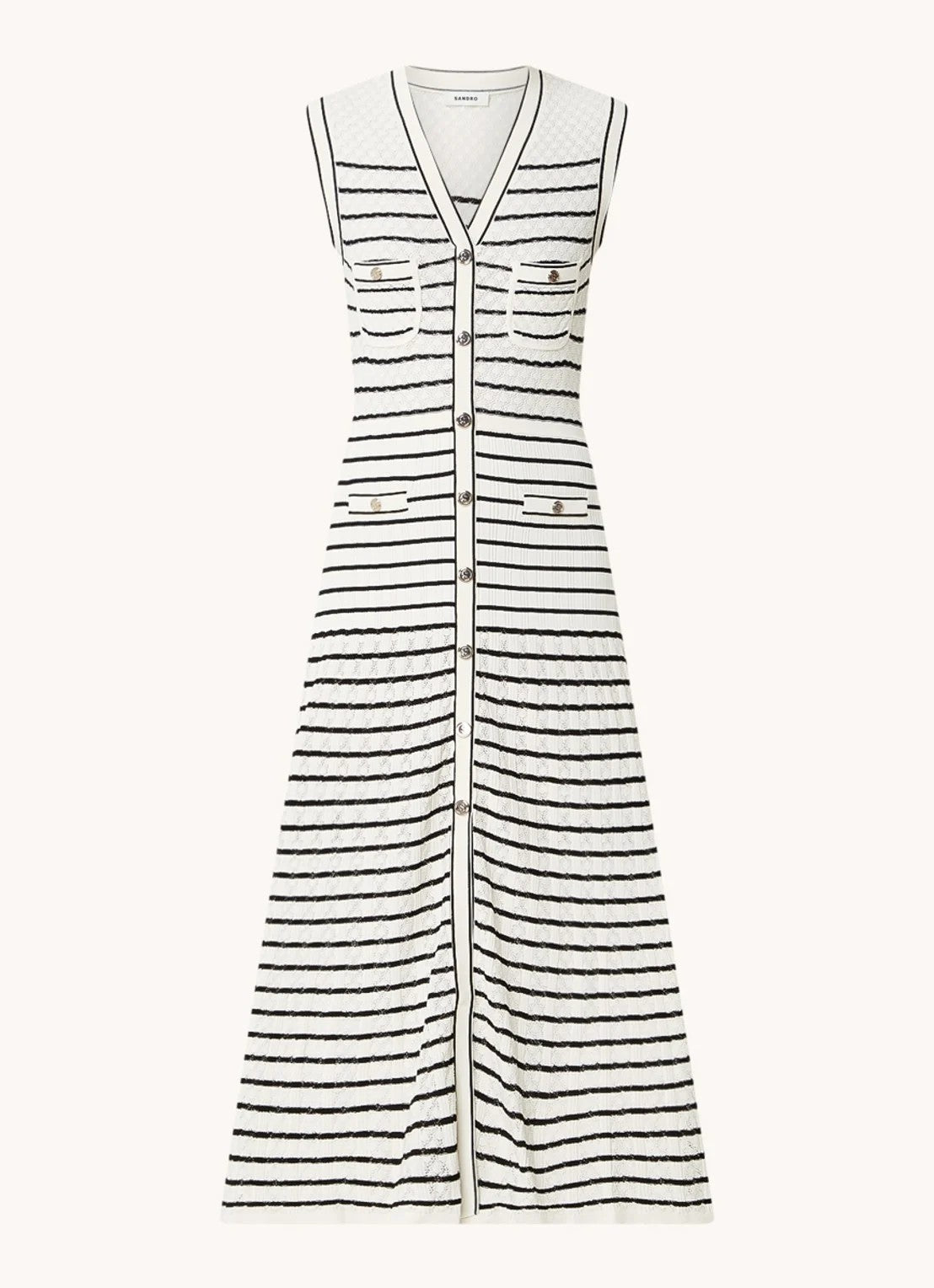 Sandro Fine knit maxi blouse dress with stripe print and patch pockets - White