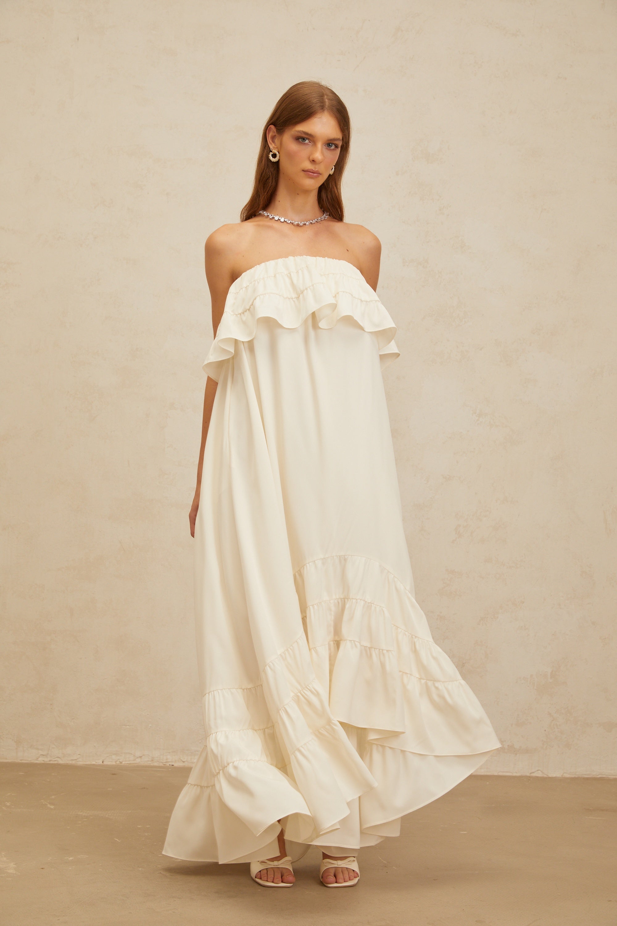 Bénédicte White Vibrant Off Shoulder Shirred Maxi Dress