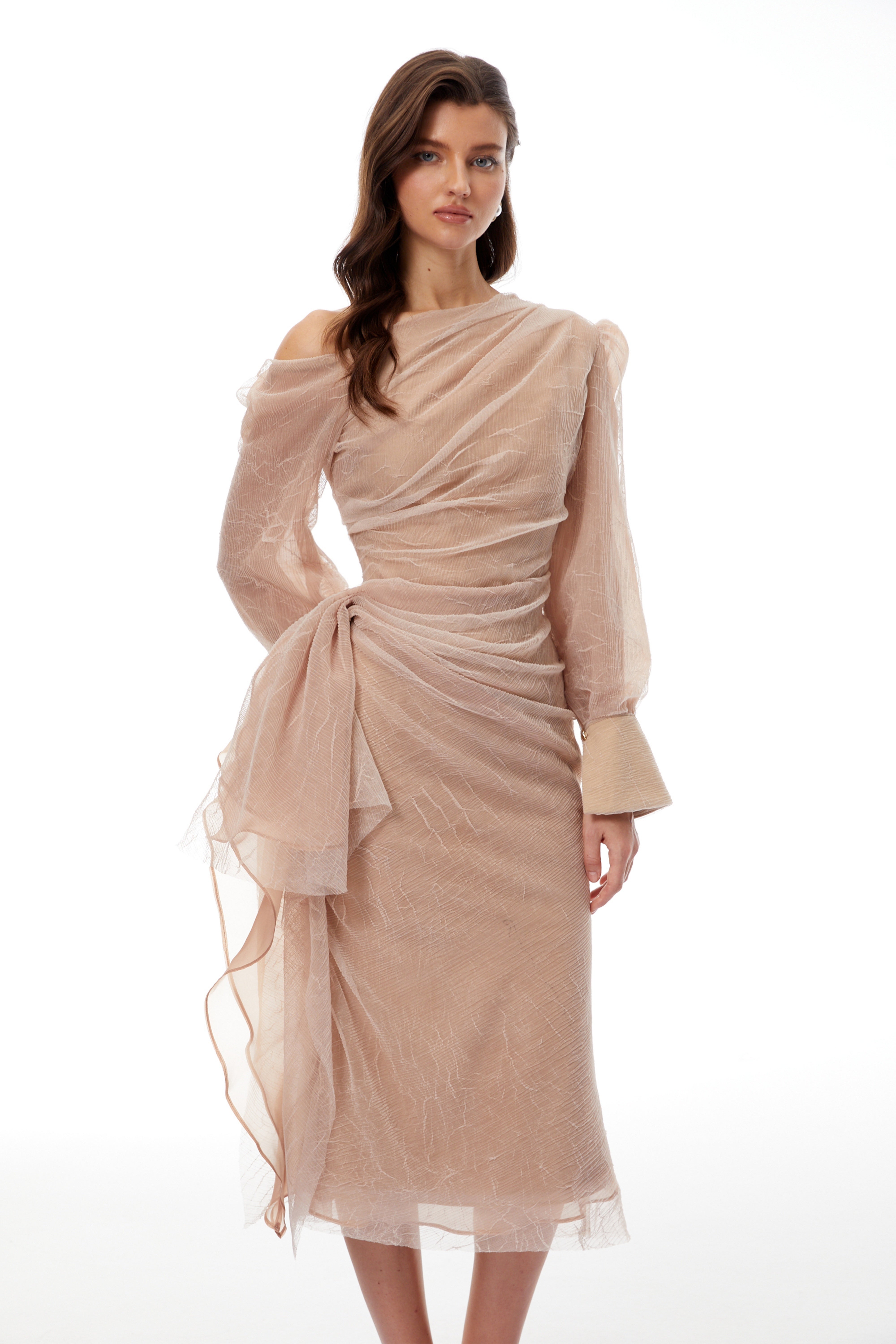 Pietro Khaki Asymmetrical Gathered Midi Dress (Final Sale-US Only)