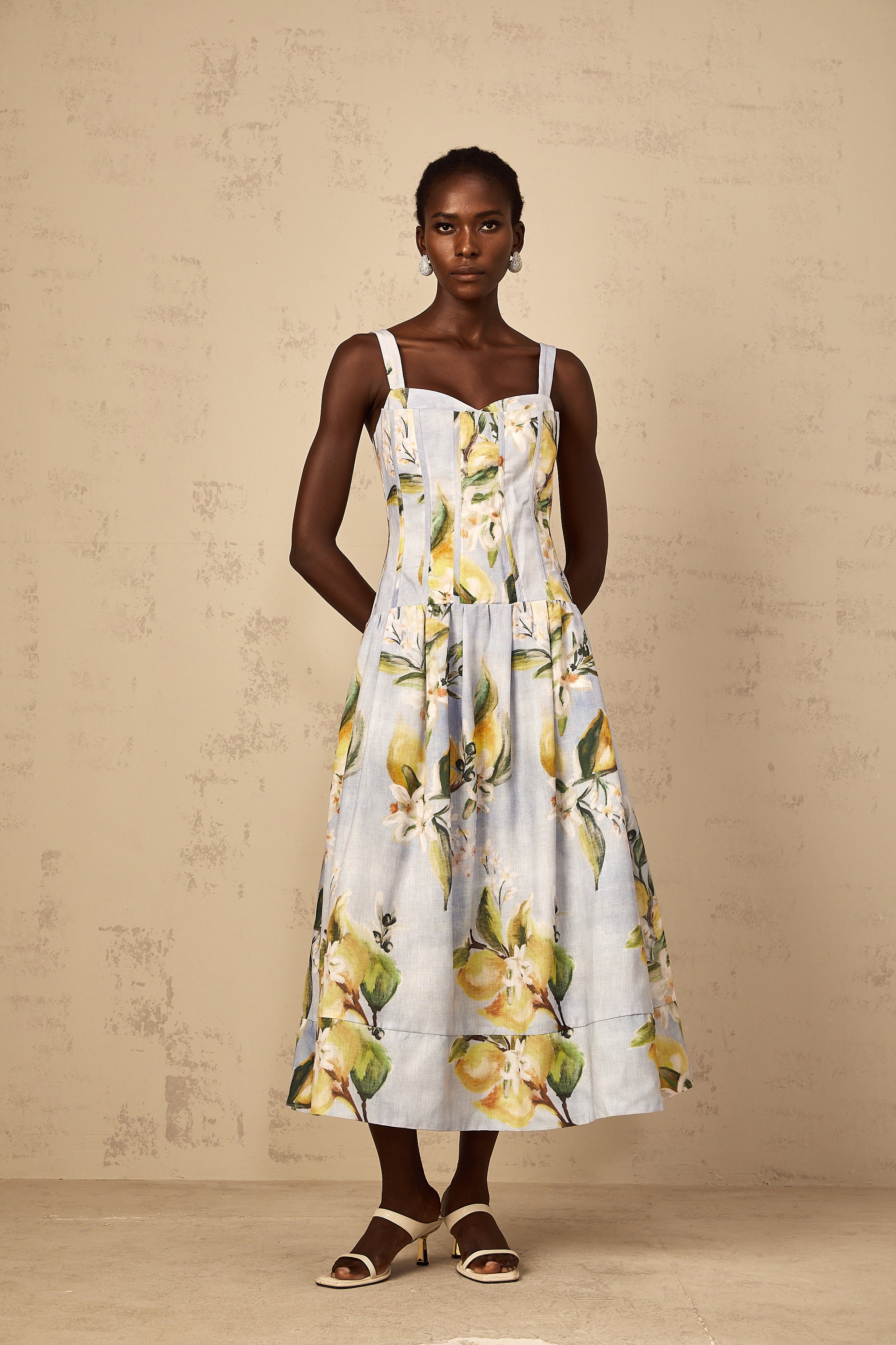 Esmée Blue Cottagecore Shirred Floral Midi Dress