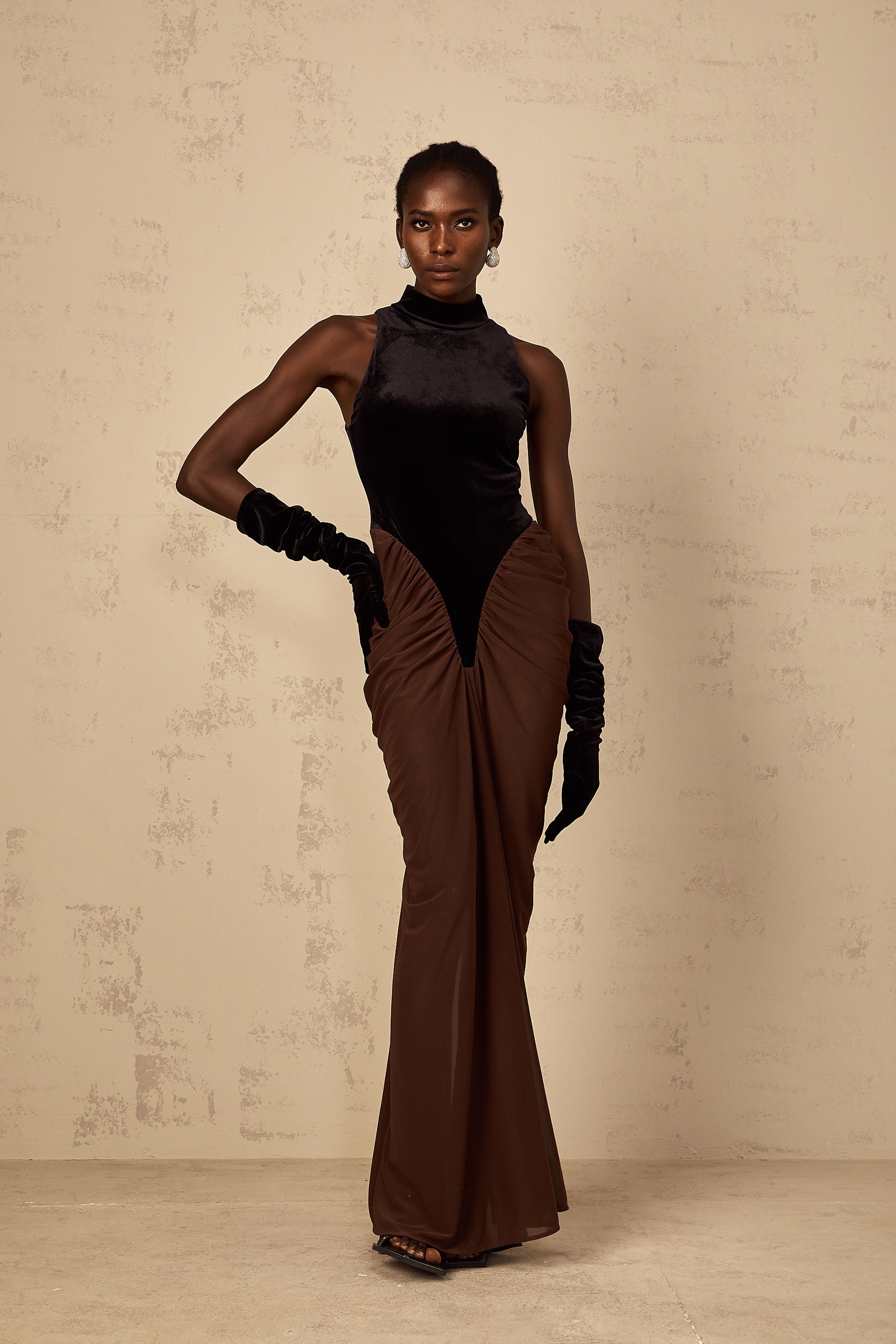Mathilde brown velvet-panel ruched maxi dress