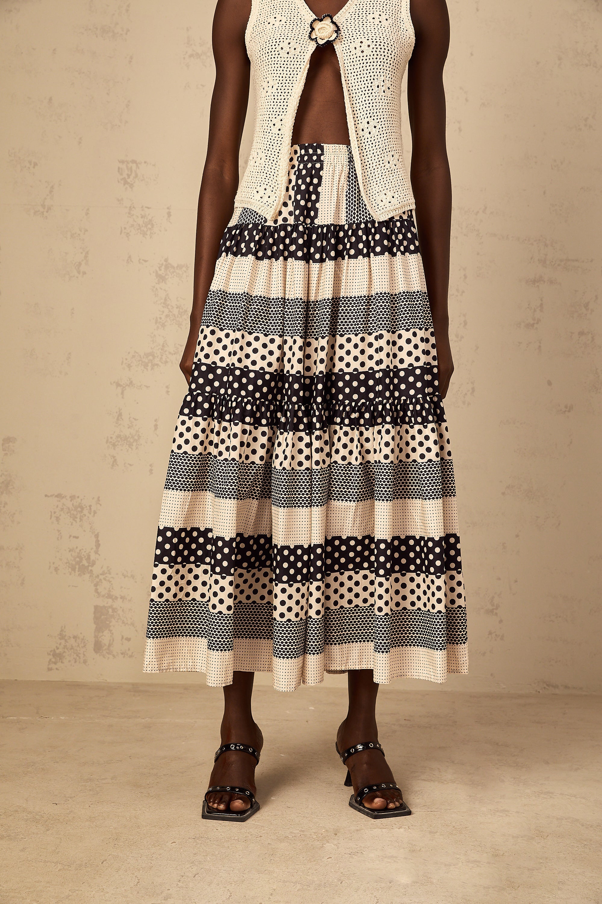 Joséphine Color Block Shirred Polka Dot Skirt