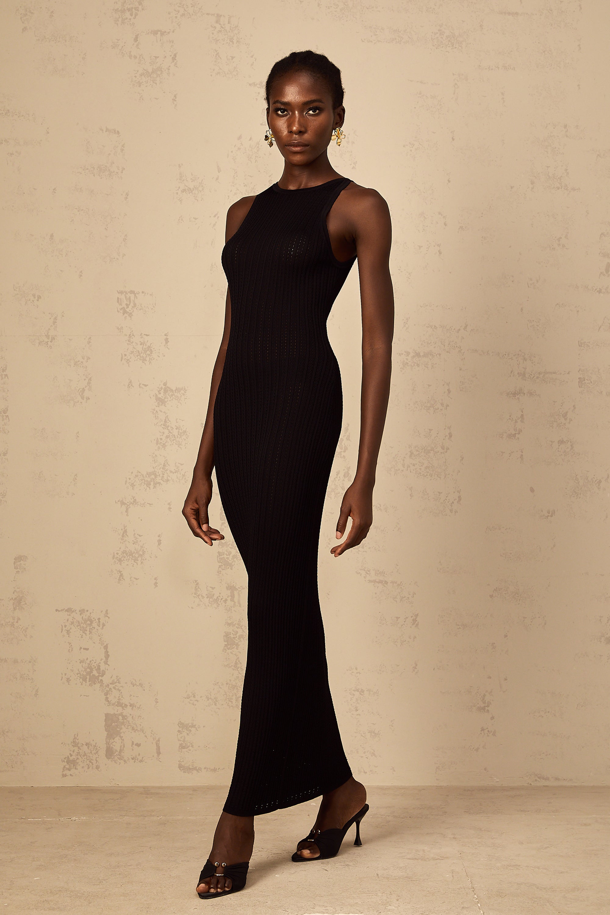 Déotille black fitted ribbed-knit maxi dress