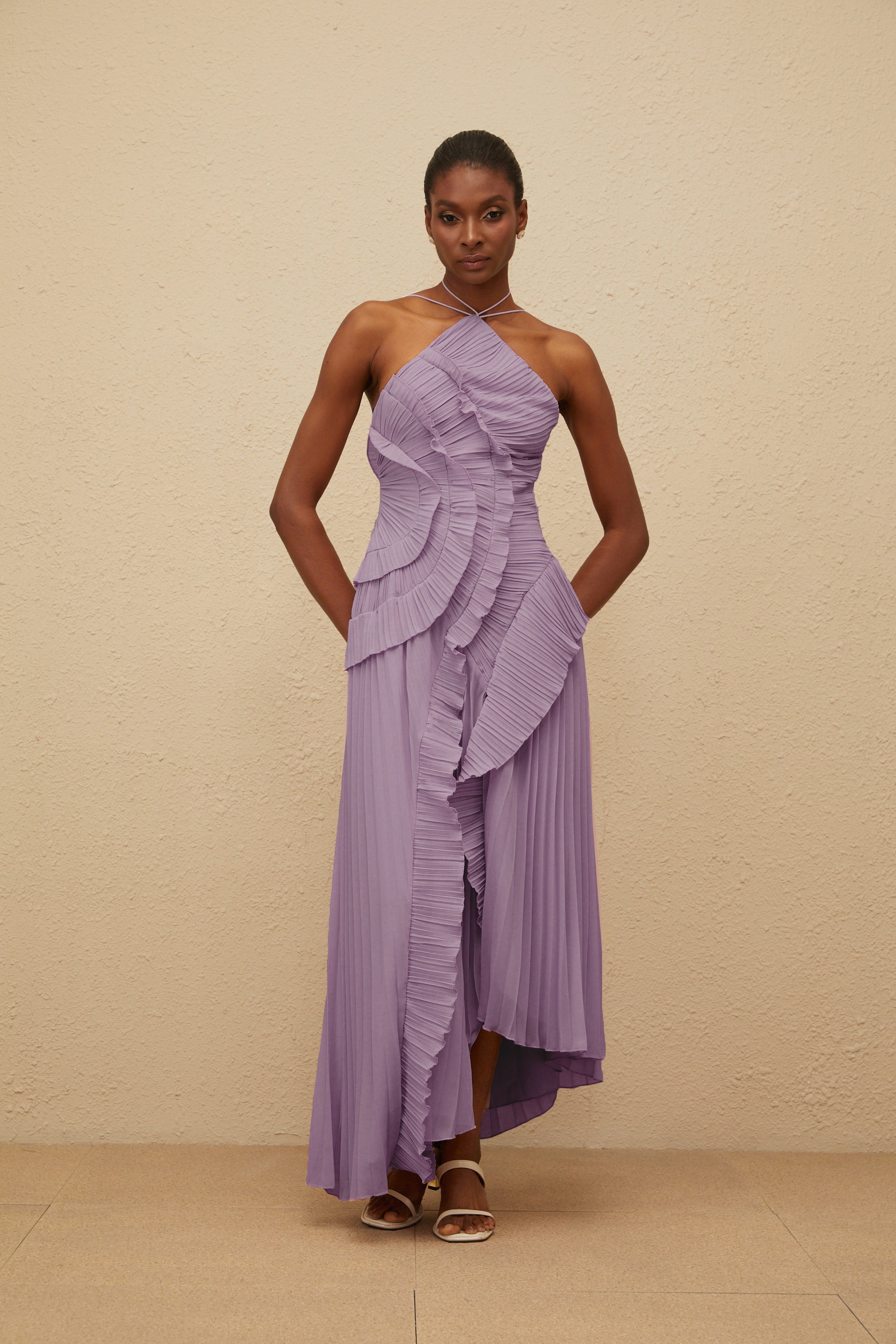 Doux Purple Ruffled Trim Pleated Midi Dress (Final Sale-US Only)