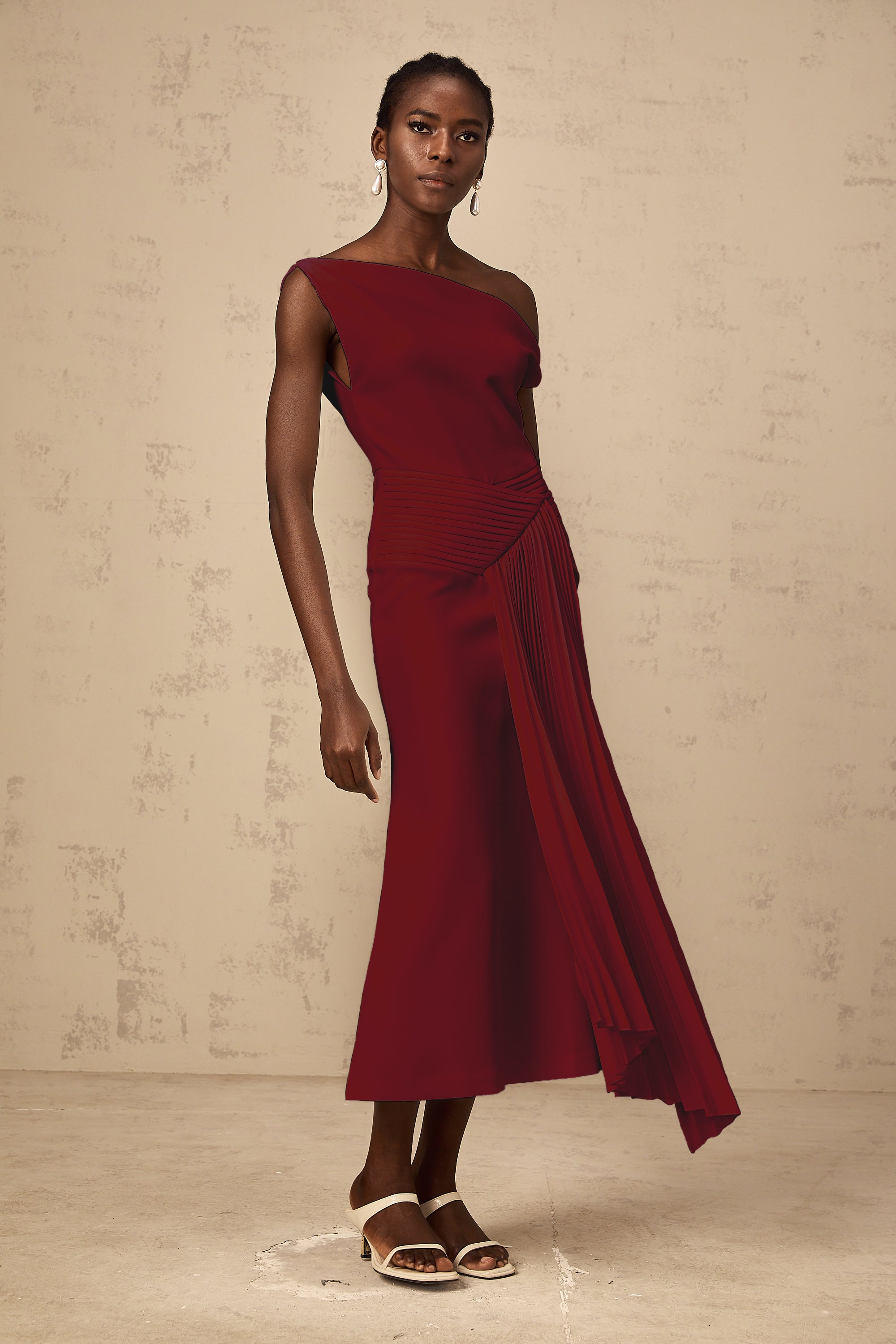 Laurine asymmetrical draped midi dress in Burgundy