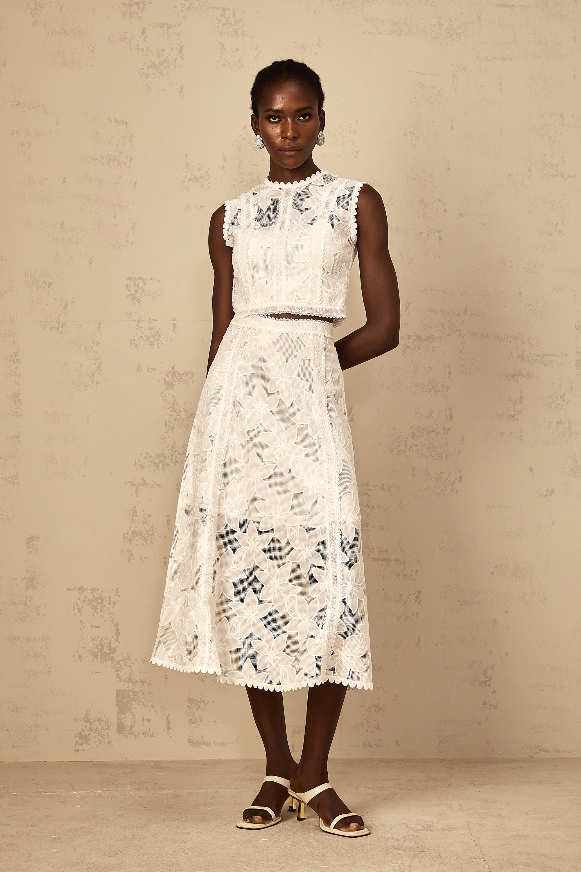 Mailys Floral Embroidered Top & Skirt Set in White