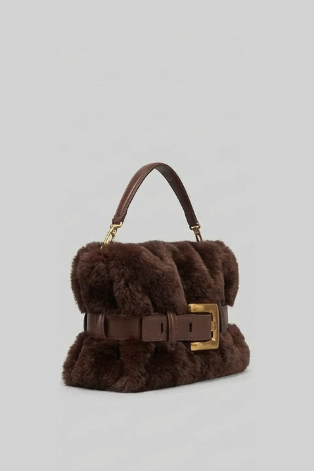 Faux Fur Handbag with Belt Buckle Detail – Brown