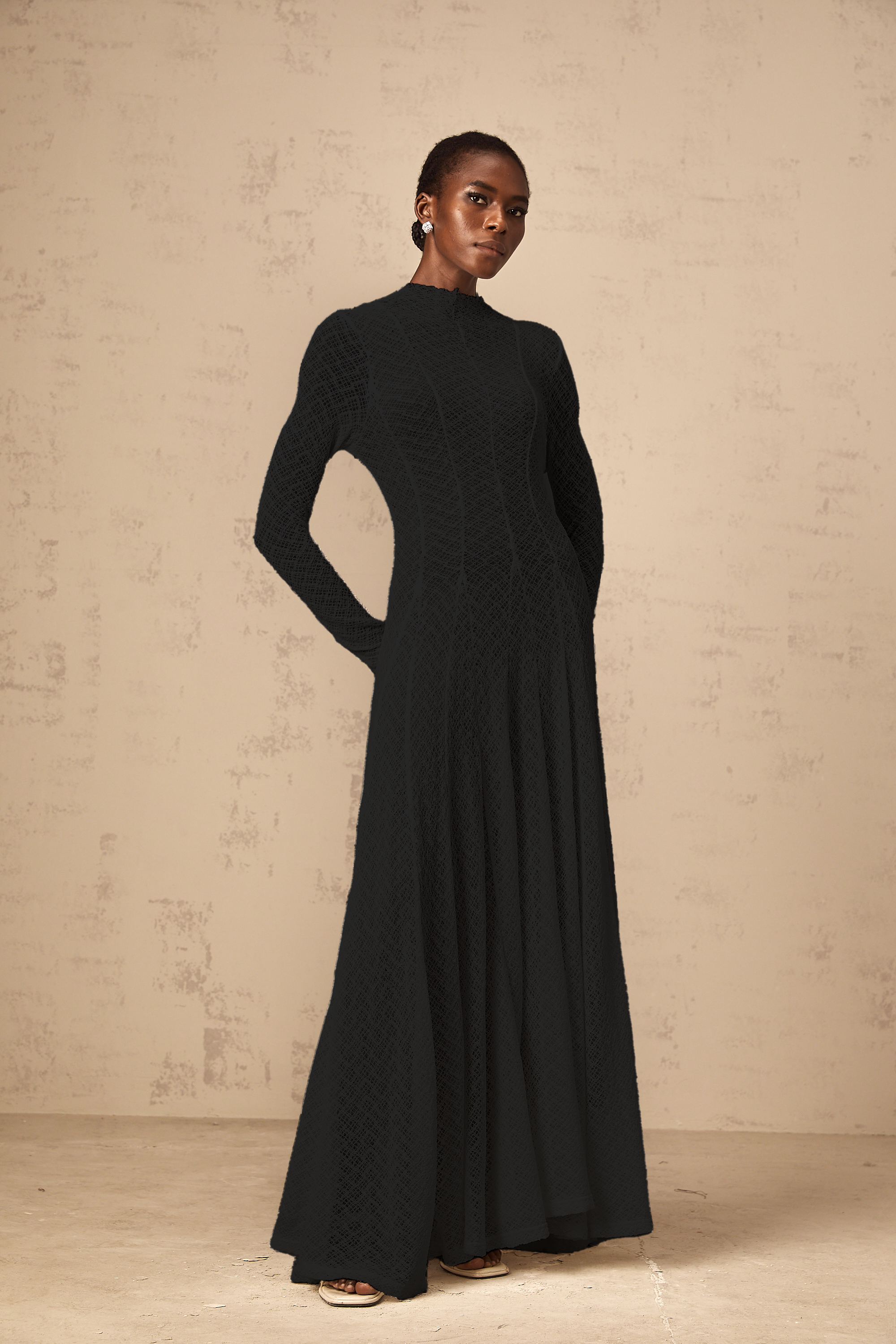 Athena wavy-pattern lace maxi dress in Black