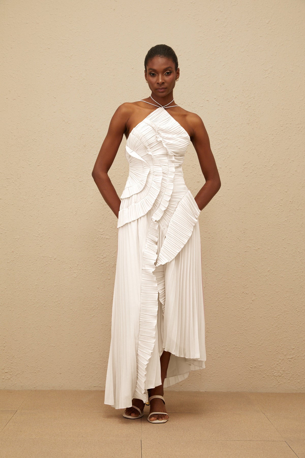 Doux White Ruffled Trim Pleated Midi Dress (Final Sale-US Only)