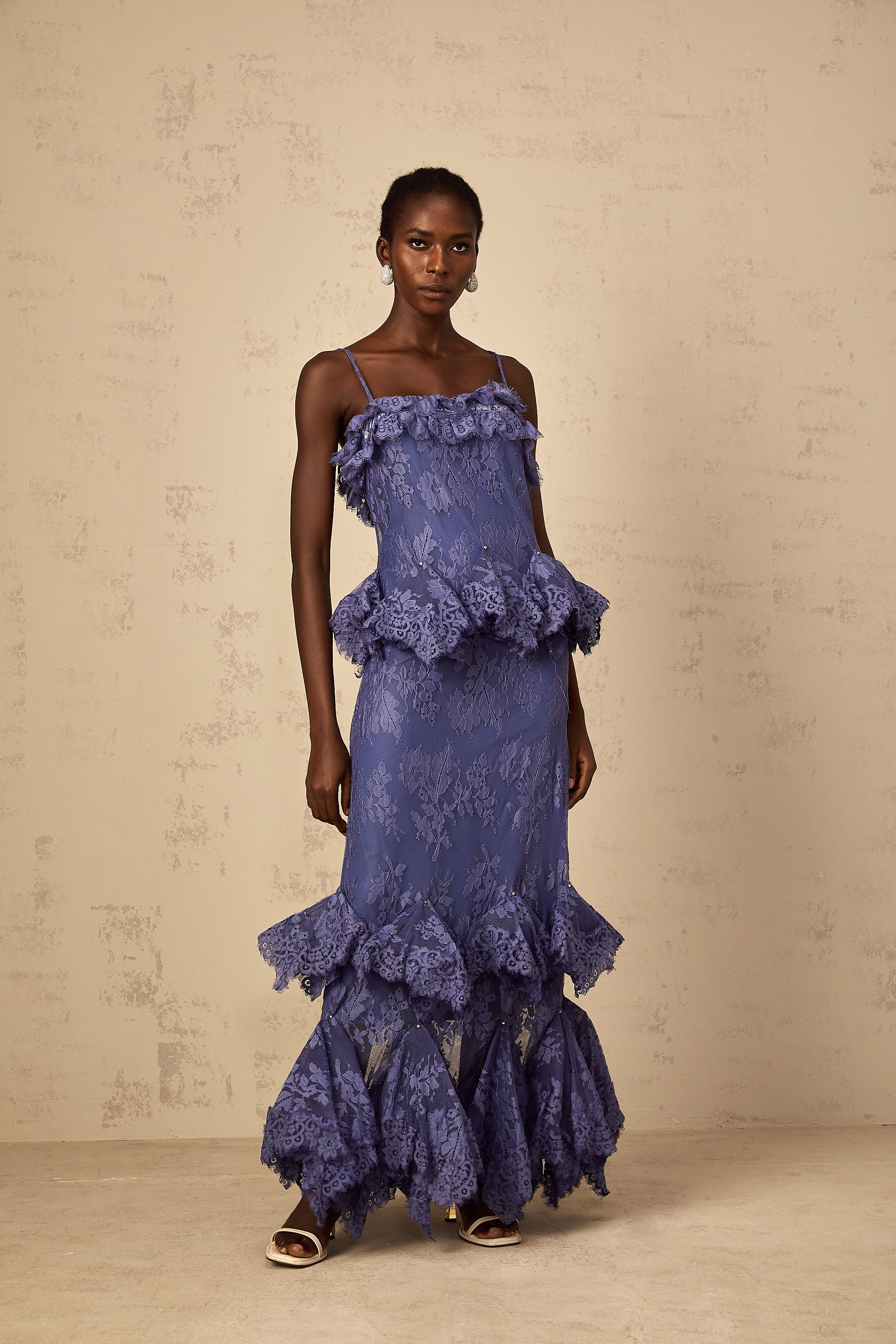 Héloïse Purple Floral Lace Ruffled Maxi Dress