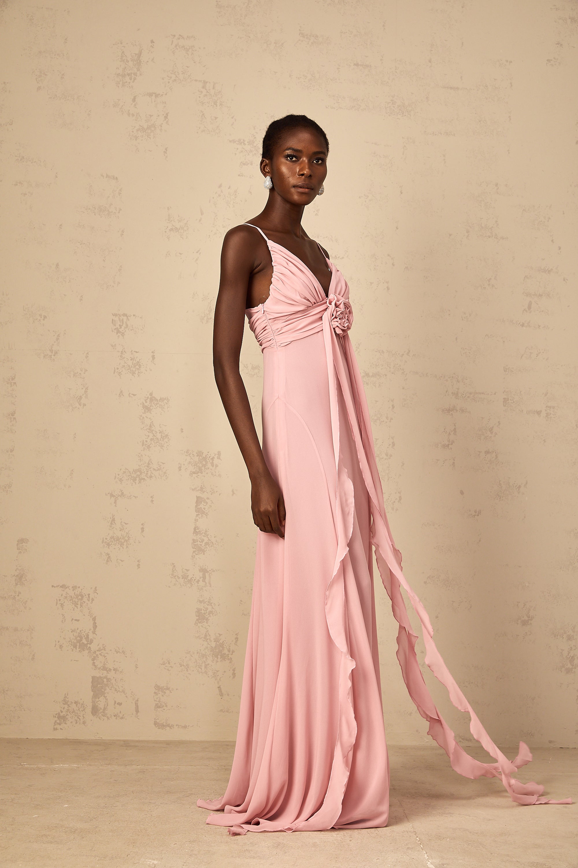 Ysandre Soft-Pink 3D Petal Tulle Maxi Dress
