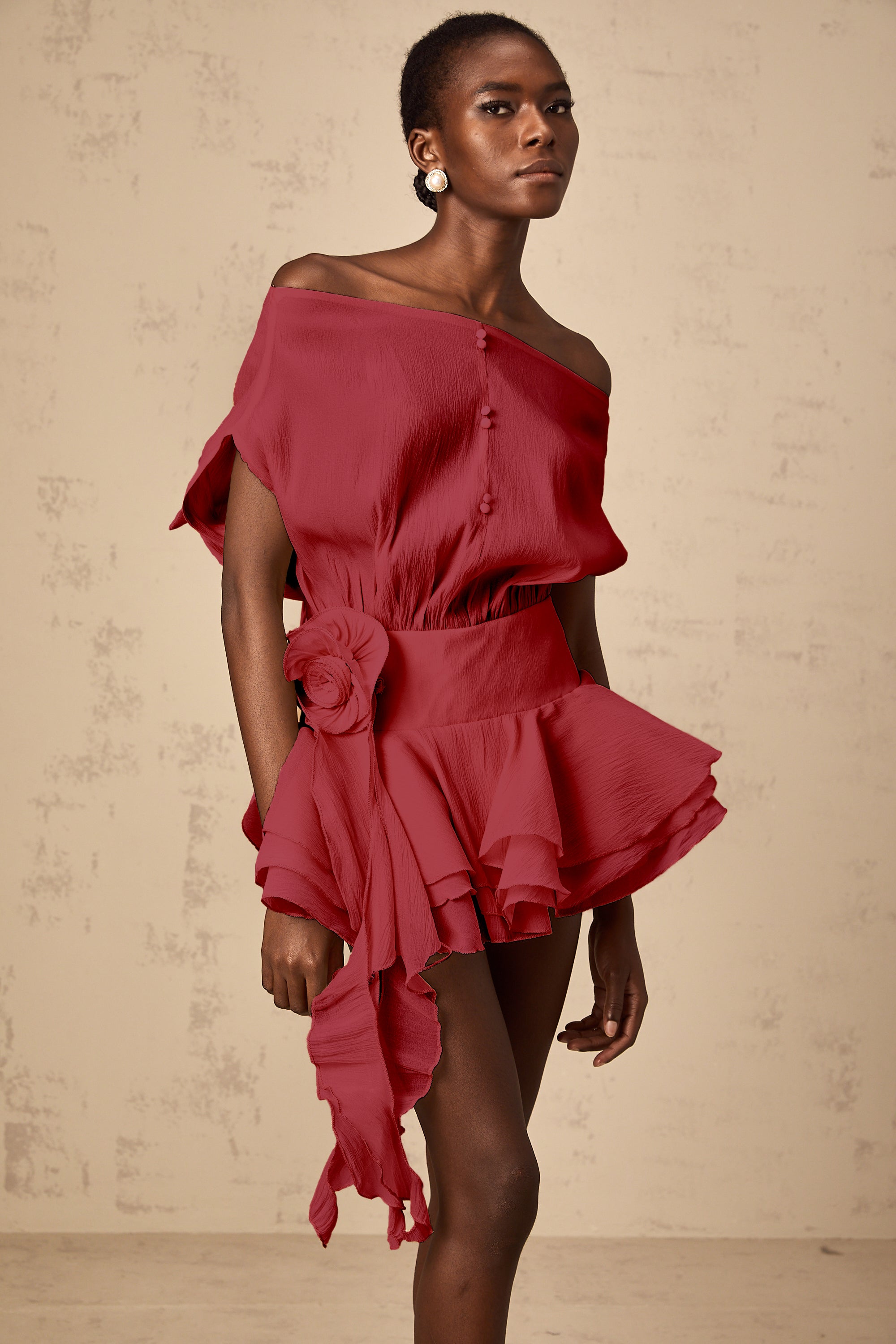 Amélie Red Floral Appliqué Flounced Mini Dress