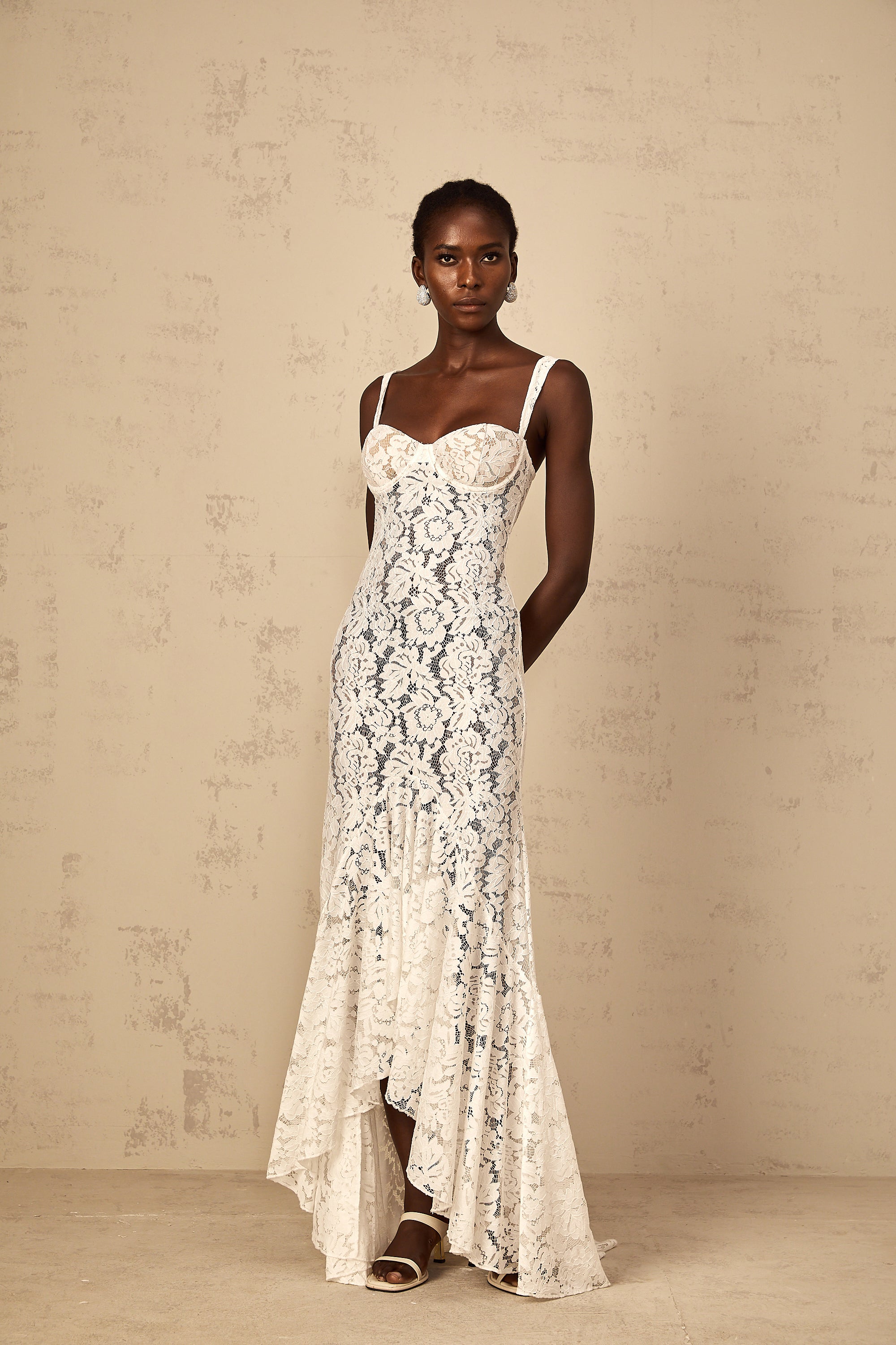 Abbie White Floral Lace Bustier Maxi Dress