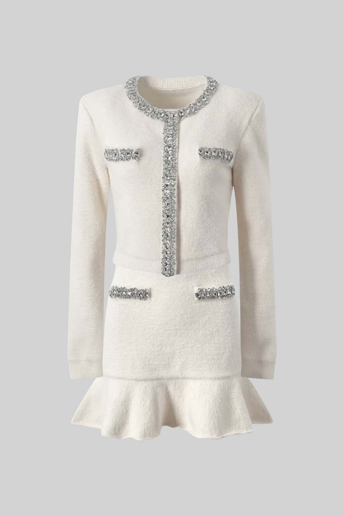 Soft Co-ord Set With Long Sleeves, Mini Skirt And Sparkling Embellishments - White