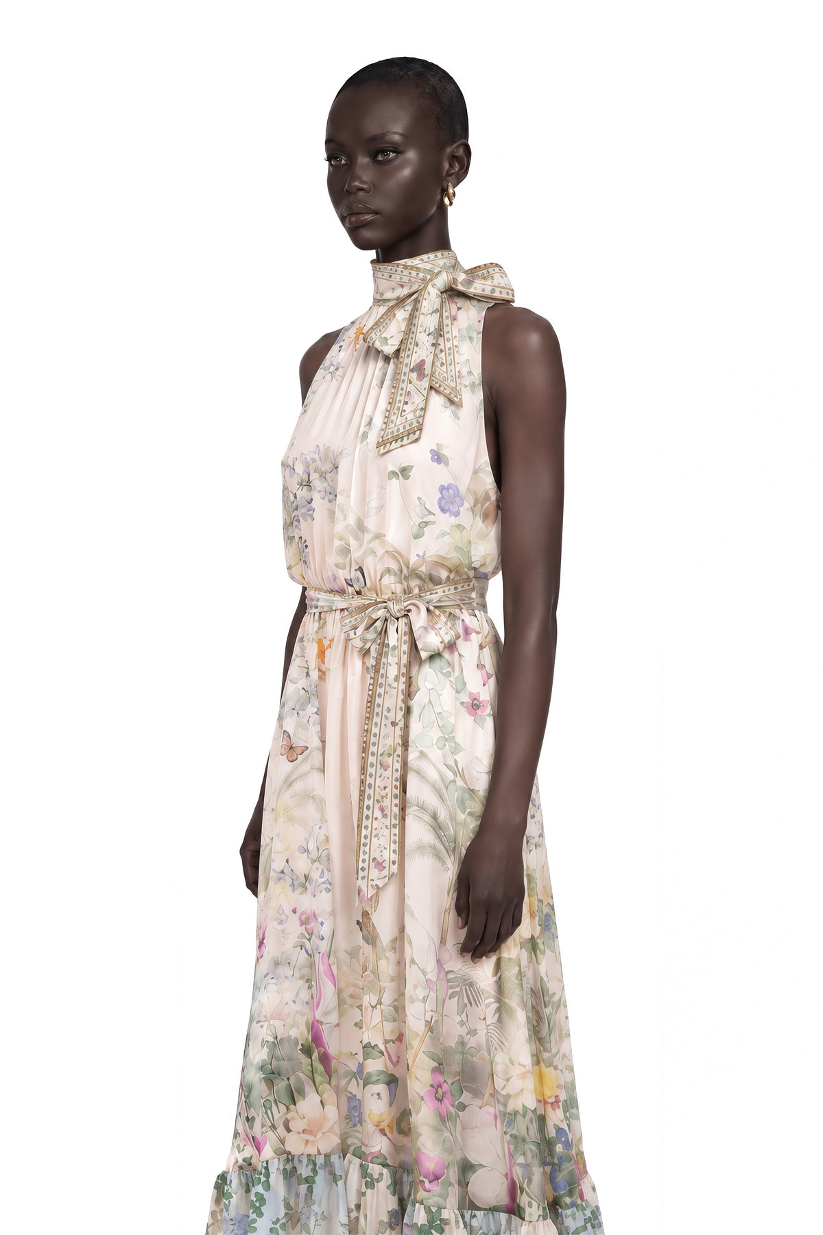 madeleine neutral floral print satin maxi dress