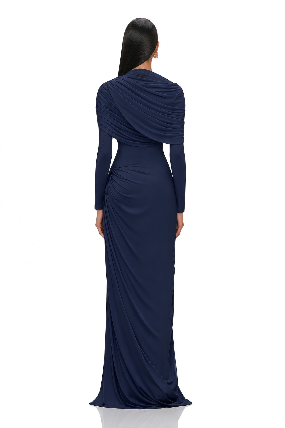 catherine navy-blue asymmetrical pleated long-sleeve maxi dress