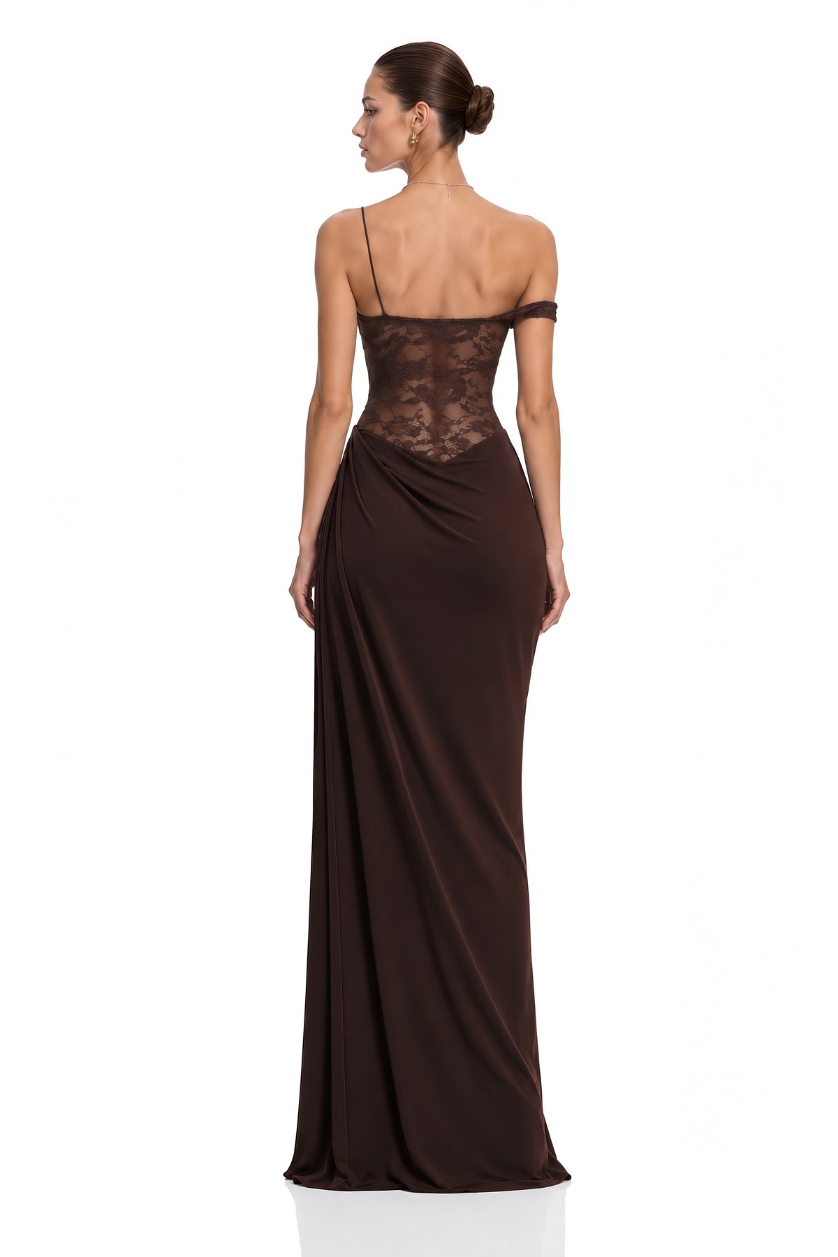 sunniva brown lace panel asymmetrical maxi dress