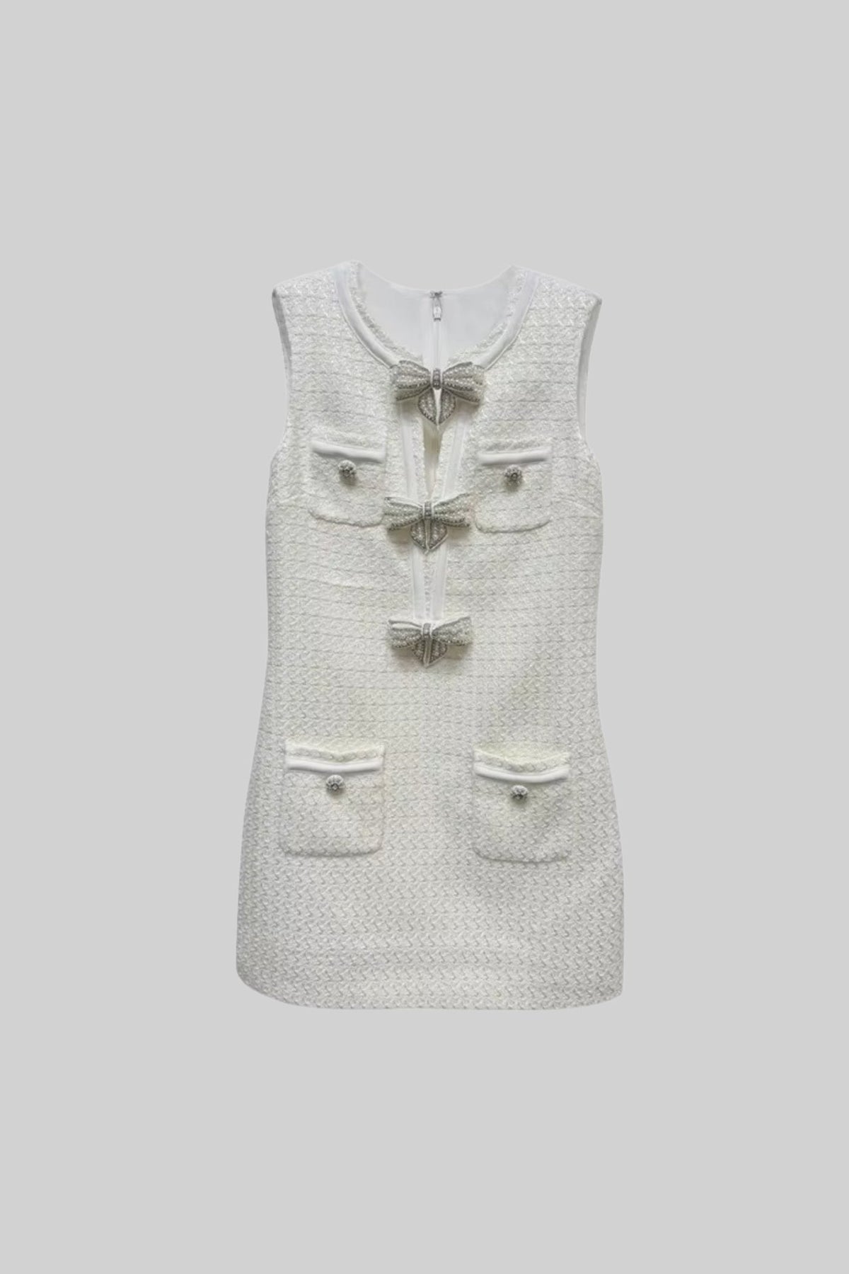Textured Sleeveless Dress With Metal Embellished Bows - White