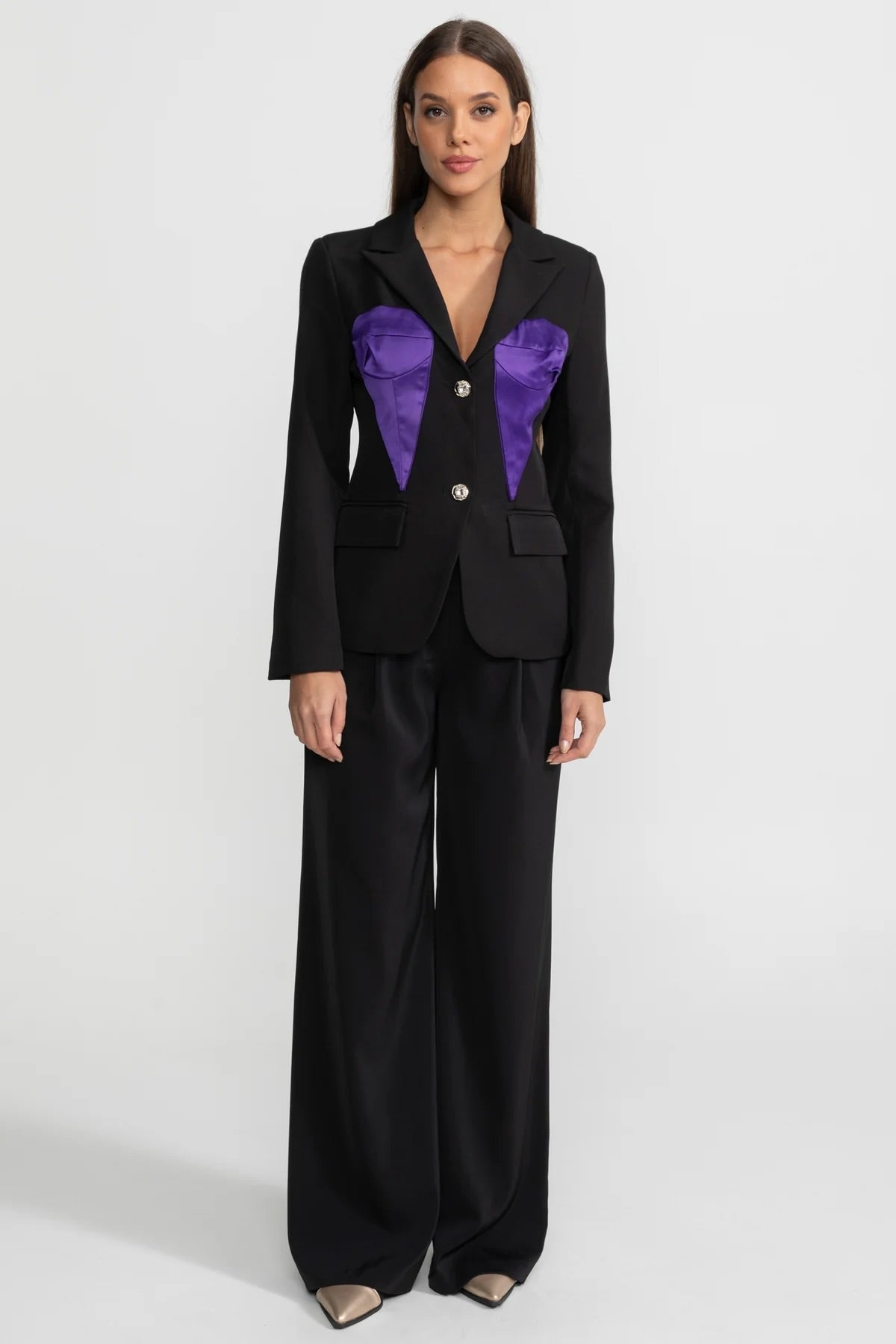 Tailored Satin Panel Blazer With Contrasting Bust Panels – Black & Purple