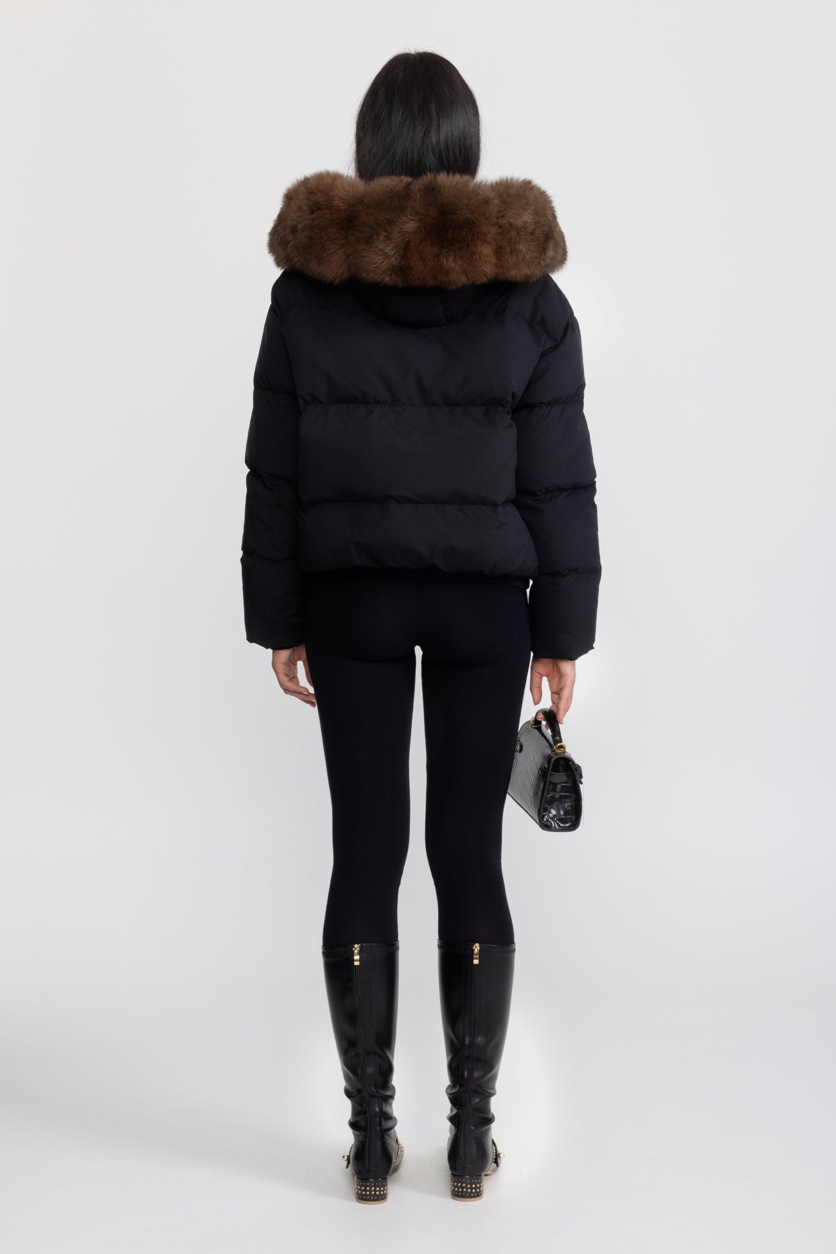 Fox Fur Hood Cropped Down Puffer Jacket - Black