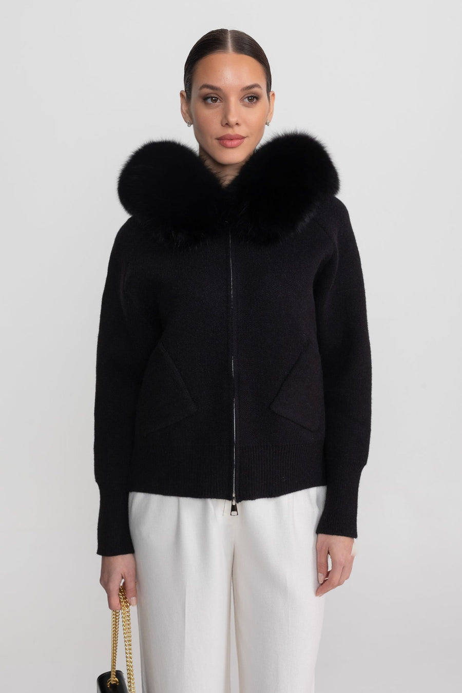 Valeriane Black Zip-Up Wool Hoodie With Fox Fur Collar
