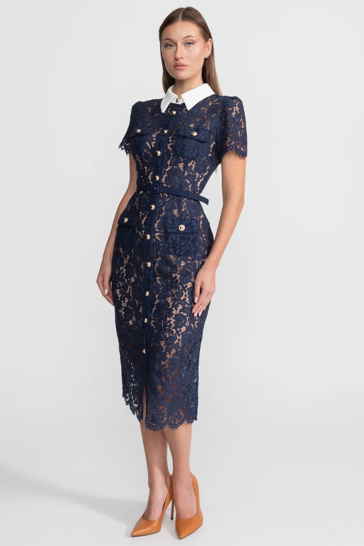 Floral Lace Midi Dress with Tailored Collar and Belted Waist - Navy