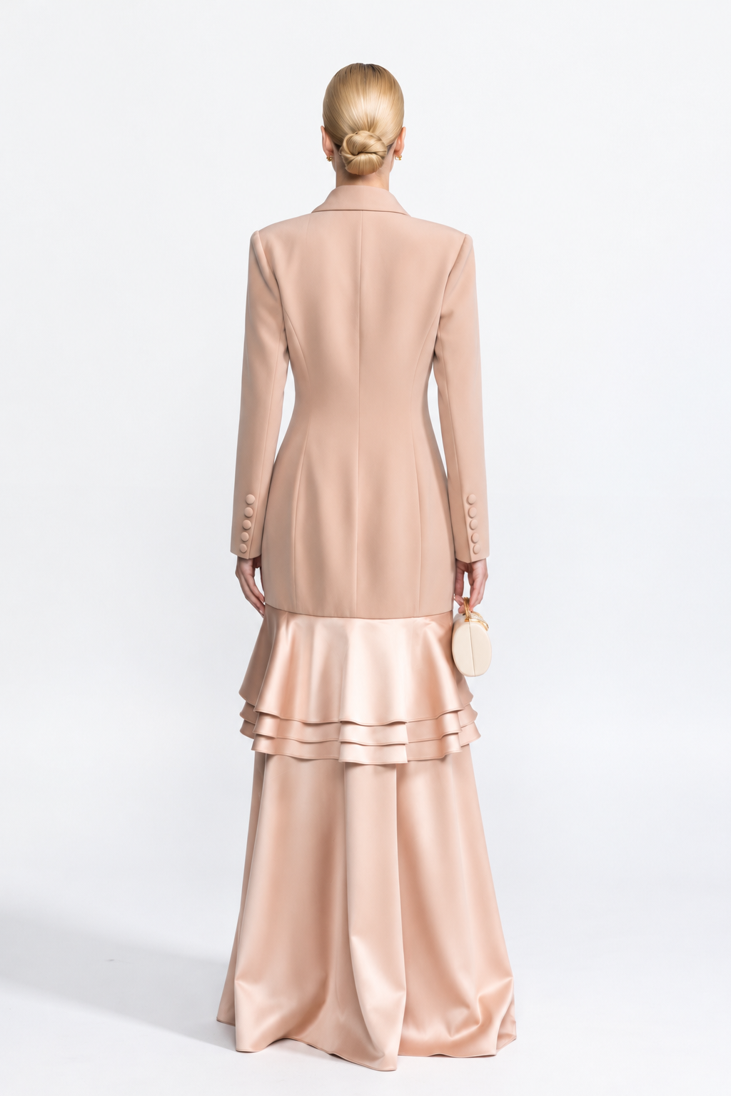 Félicie Beige Satin Ruffle Hem Double-Breasted Blazer Maxi Dress