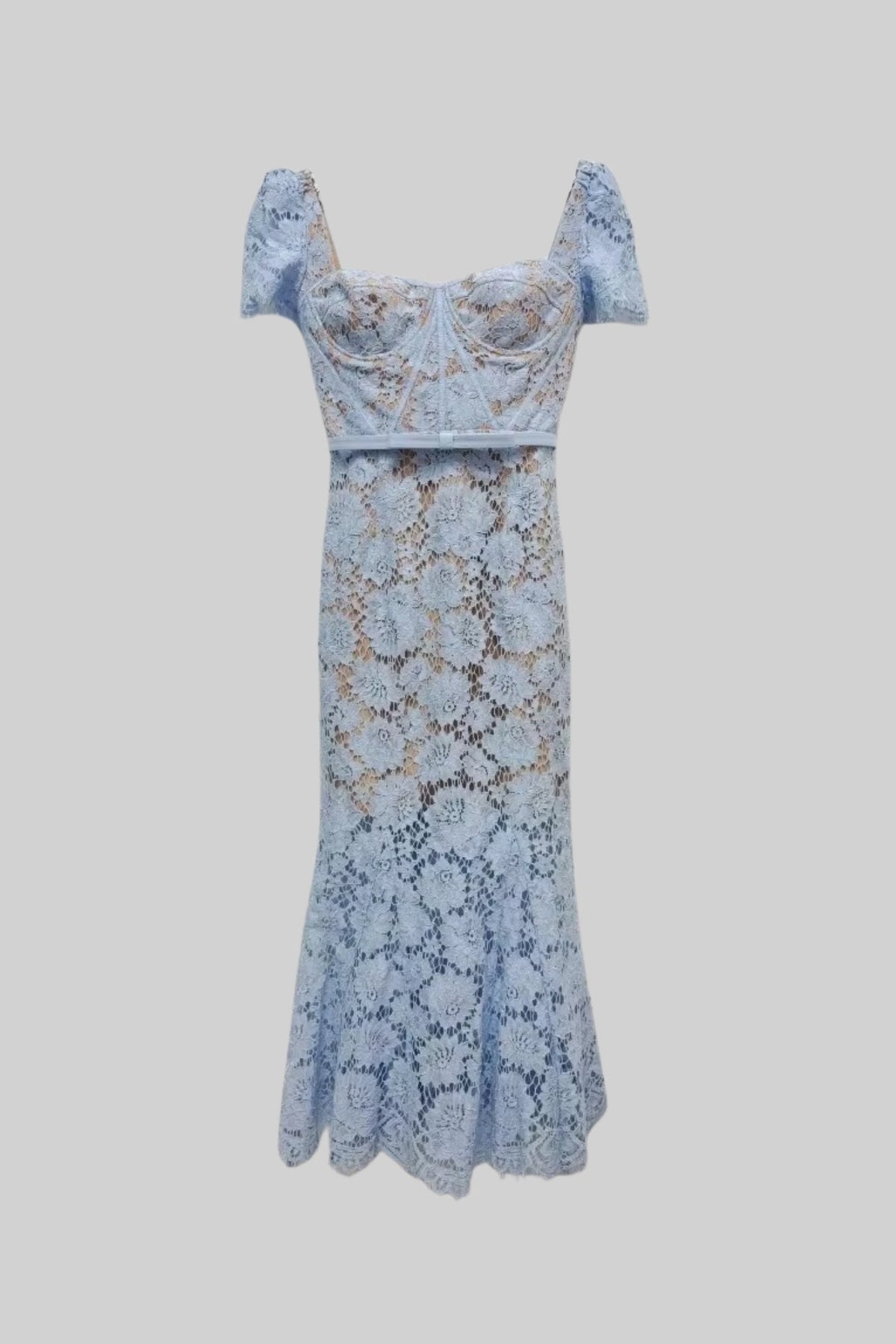 Short Sleeved Lace Dress With Delicate Matching Waist Belt - Blue