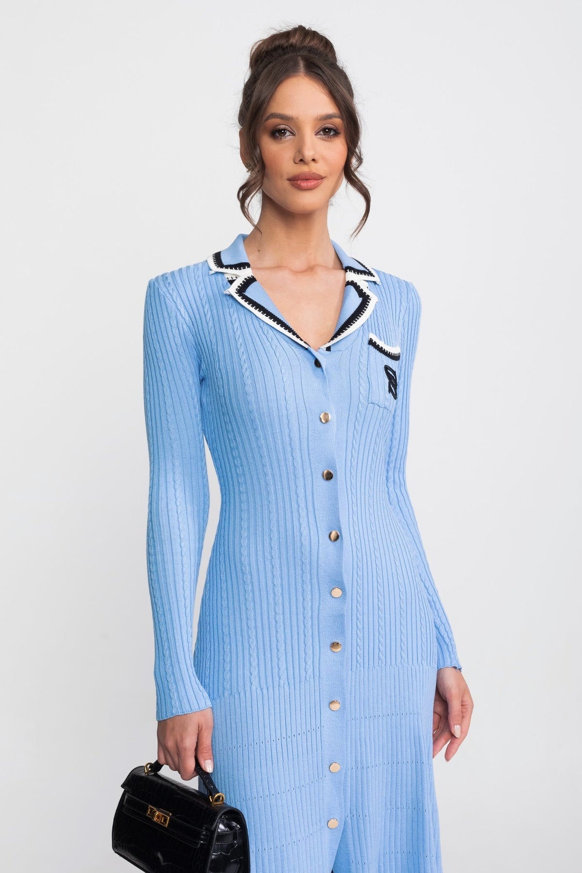 Georgiana Blue Long Sleeve Knit Midi Dress With Polo Collar And Monogram Patch