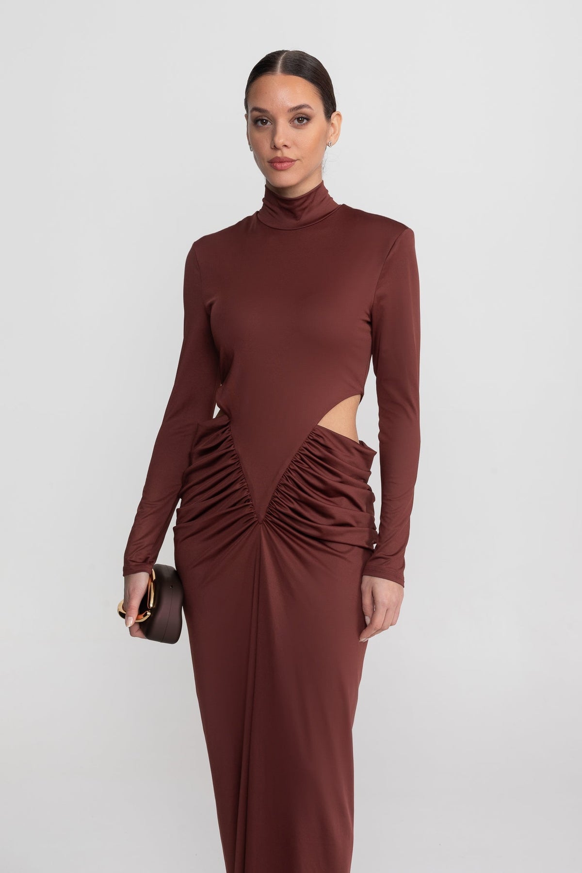 High Neck Maxi Dress With Long Sleeves And Waist Cut-Out Detail - Brown