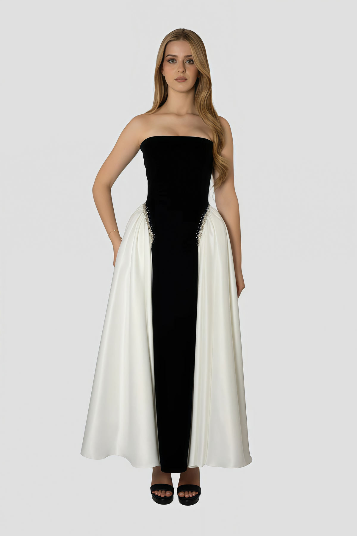 Raffaella Color Block Pearl Trim Velvet Maxi Gown