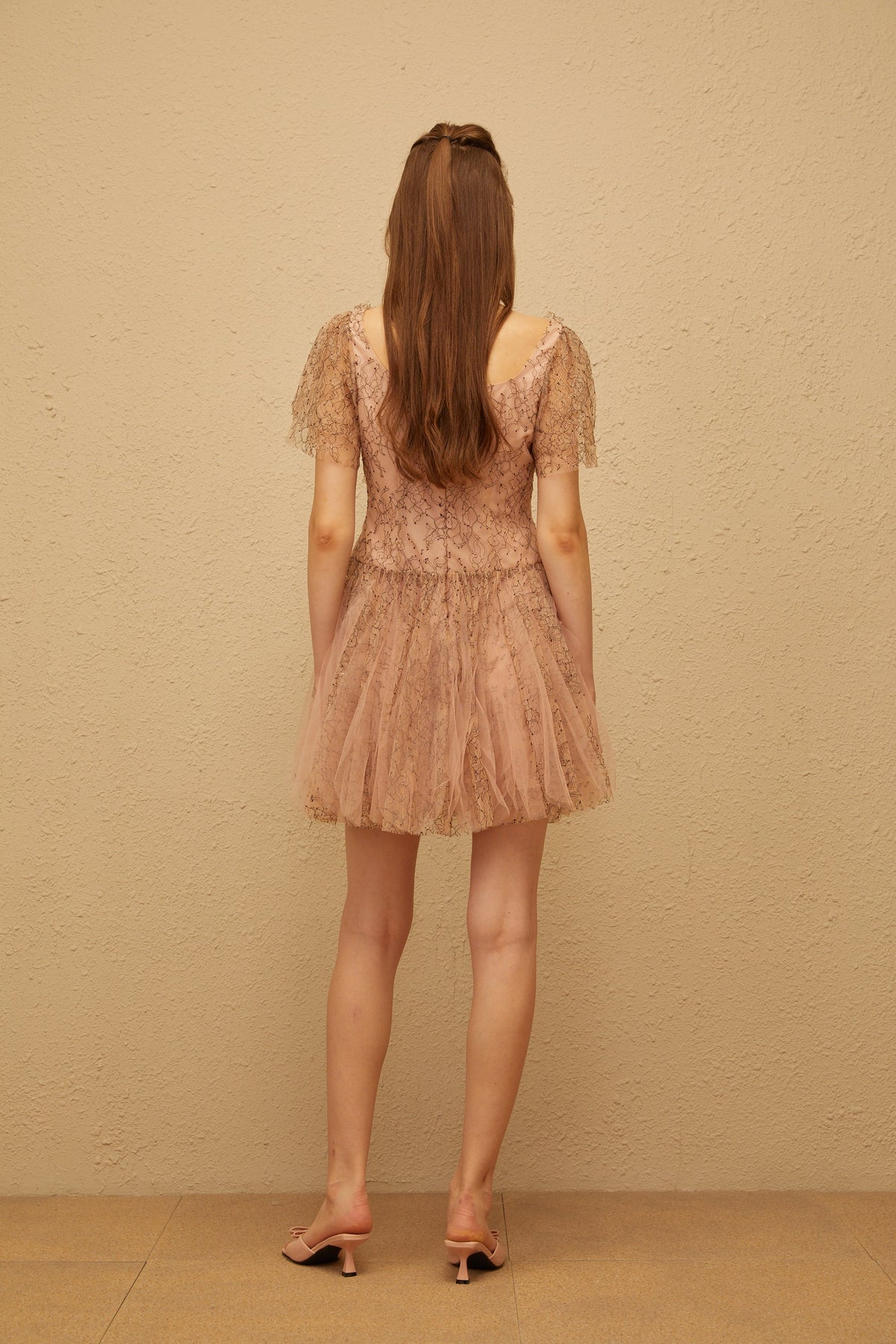 Gaëtane Brown Tulle Panel Lace Mini Dress