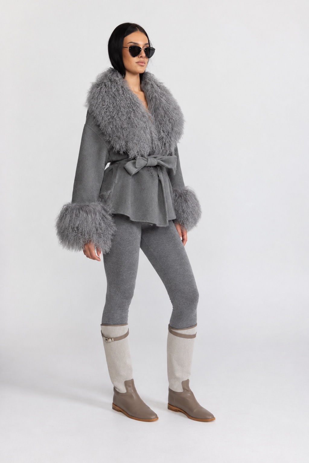 Odette Grey Belted Wool Jacket With Curly Fur-Effect Collar And Cuffs