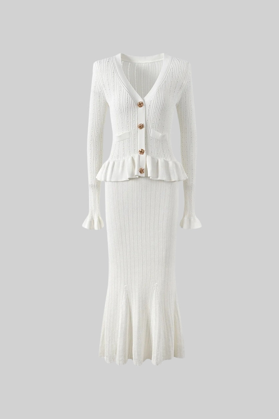 Solange White Ruffled Jacket & Flared Skirt Knit Matching Set