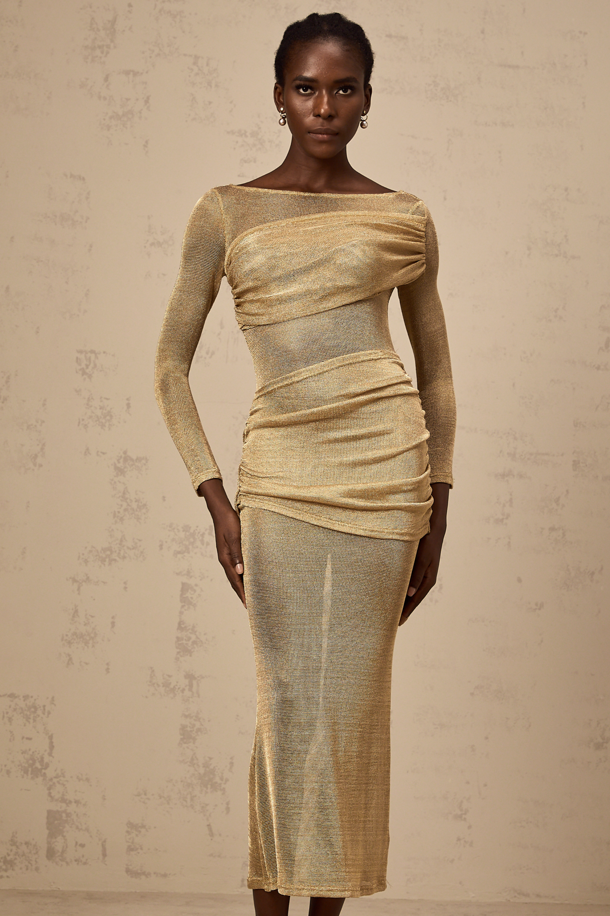 Aline gold smocked metallic midi dress (US Only)