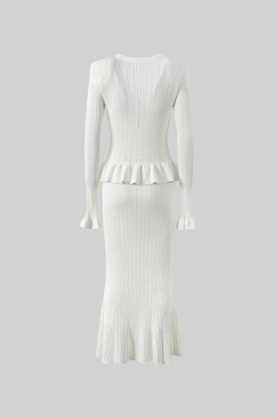 Solange White Ruffled Jacket & Flared Skirt Knit Matching Set