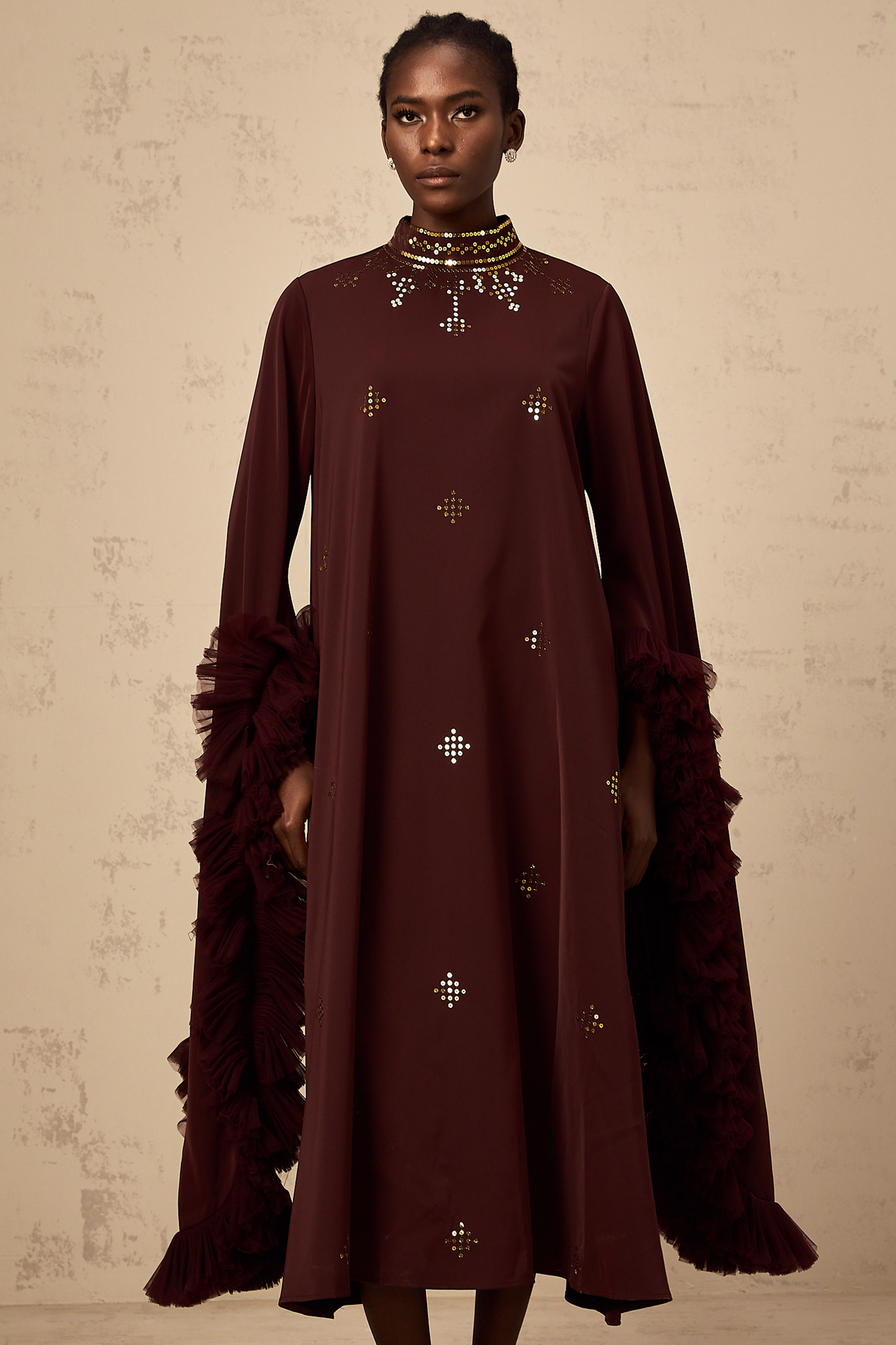 Anaïs purple sequined flared-sleeve midi dress