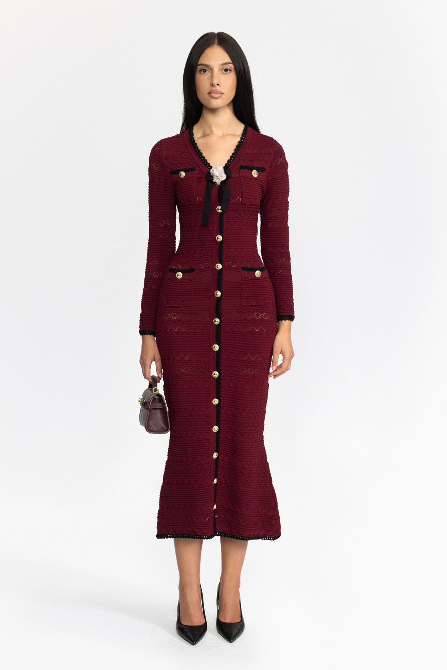 Adeline Crochet Trim Knit Button Midi Dress with Flower Brooch - Wine