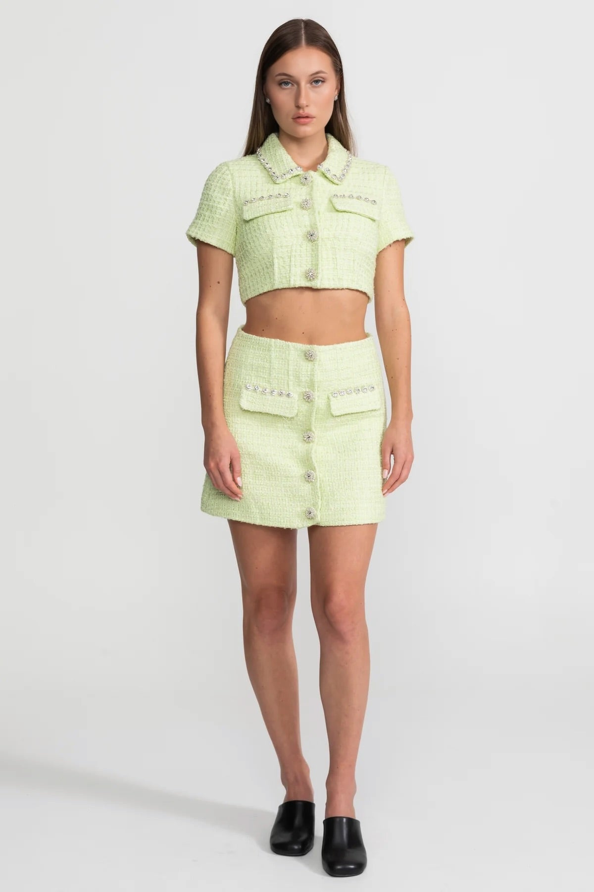Crystal-Trim Tweed Co-ord Set – Lime
