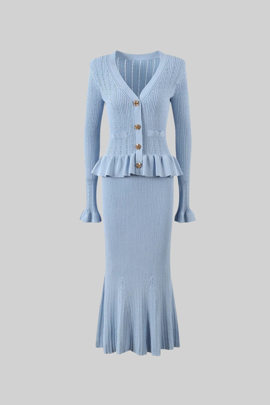Solange Baby Blue Ruffled Jacket & Flared Skirt Knit Matching Set