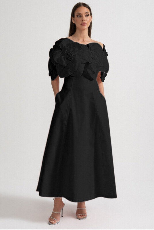 Off-Shoulder Midi Dress With Large Fabric Floral Accents - Black Off-Shoulder Midi Dress With Large Fabric Floral Accents - Black