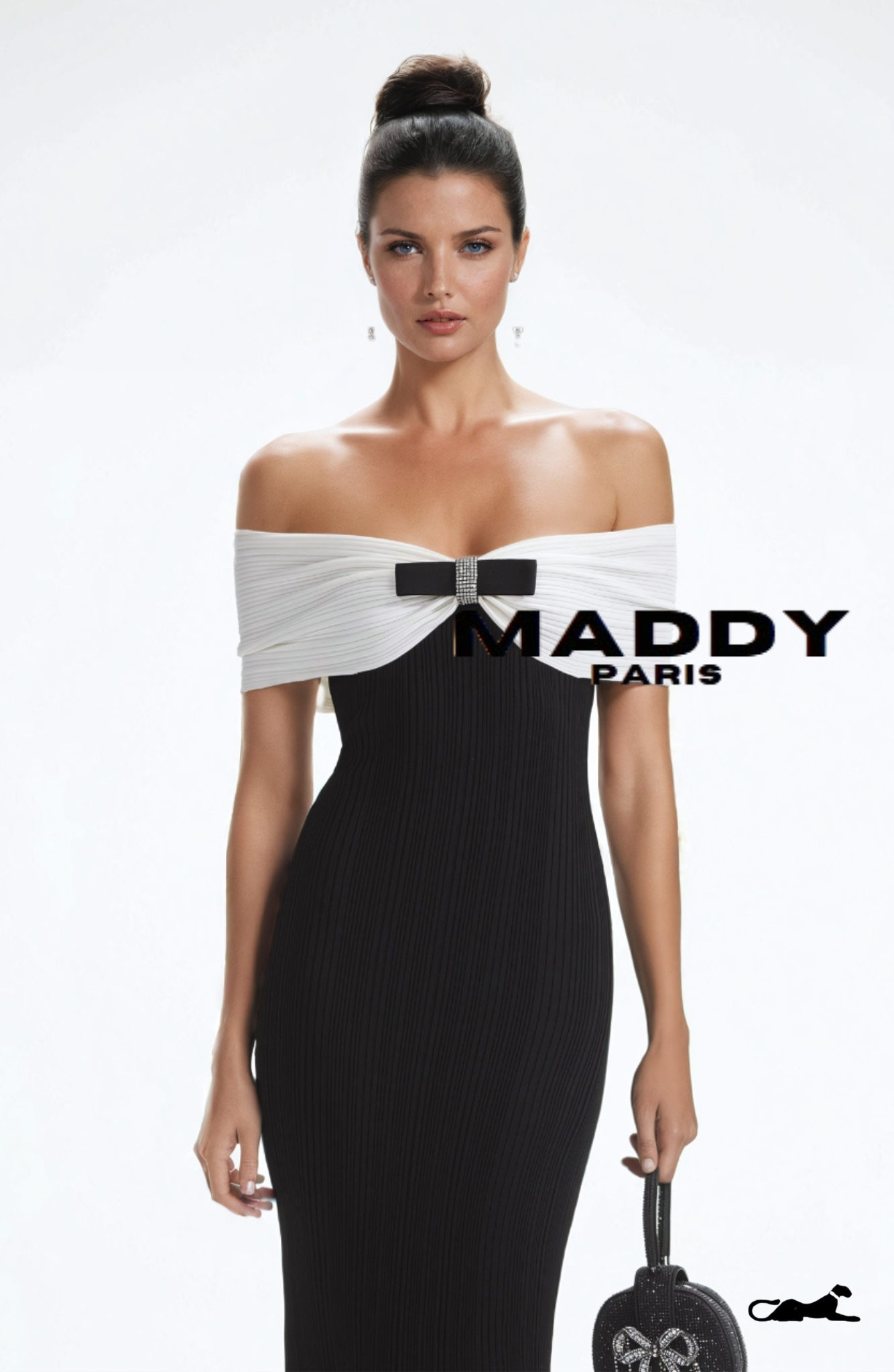 ALESSANDRA BOW CREPE KNIT OFF-SHOULDER MIDI DRESS - BLACK & WHITE