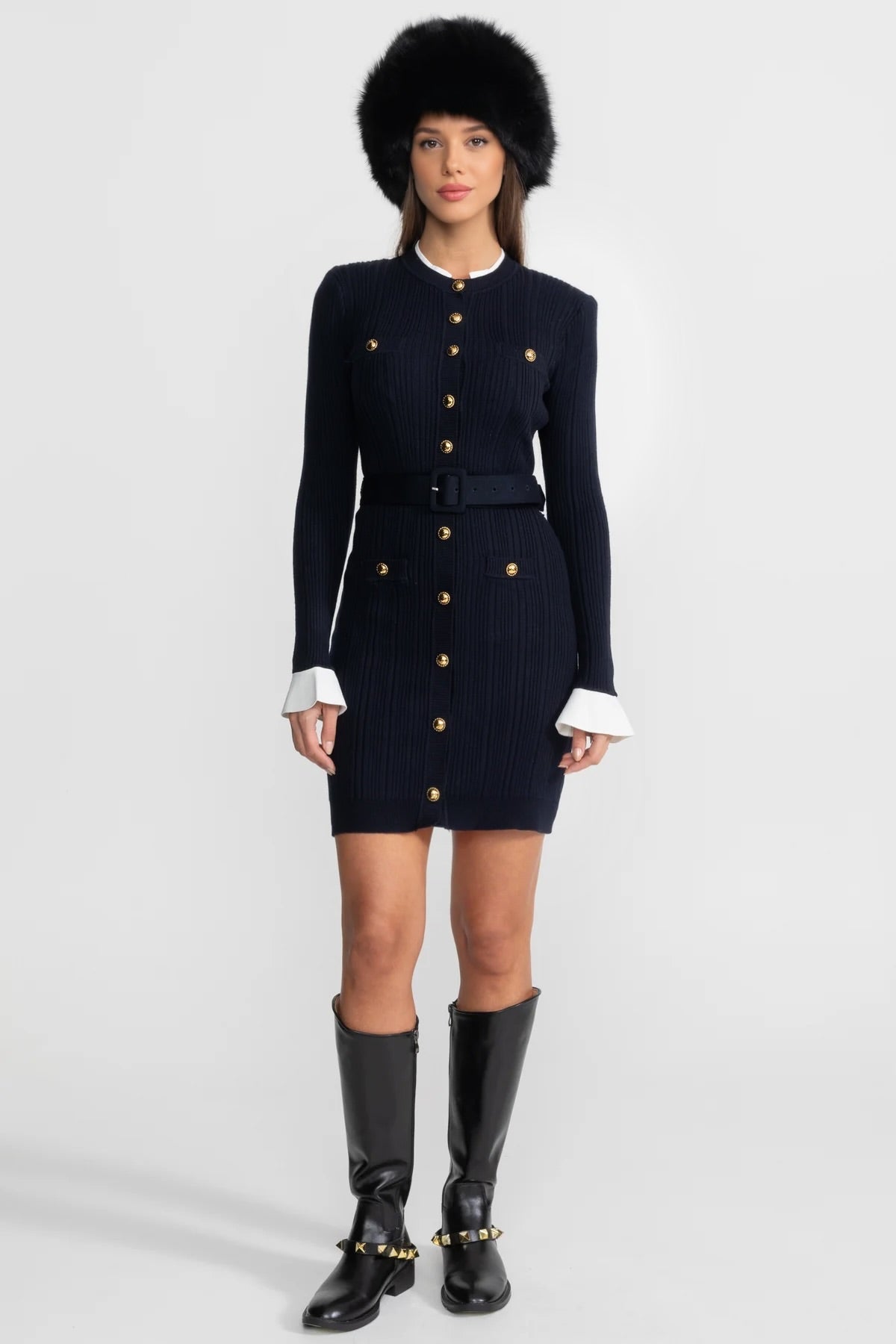 Philippine Dark Blue Ribbed Knit Mini Dress with Gold Button Fastening