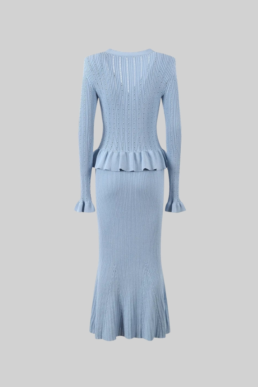 Solange Baby Blue Ruffled Jacket & Flared Skirt Knit Matching Set