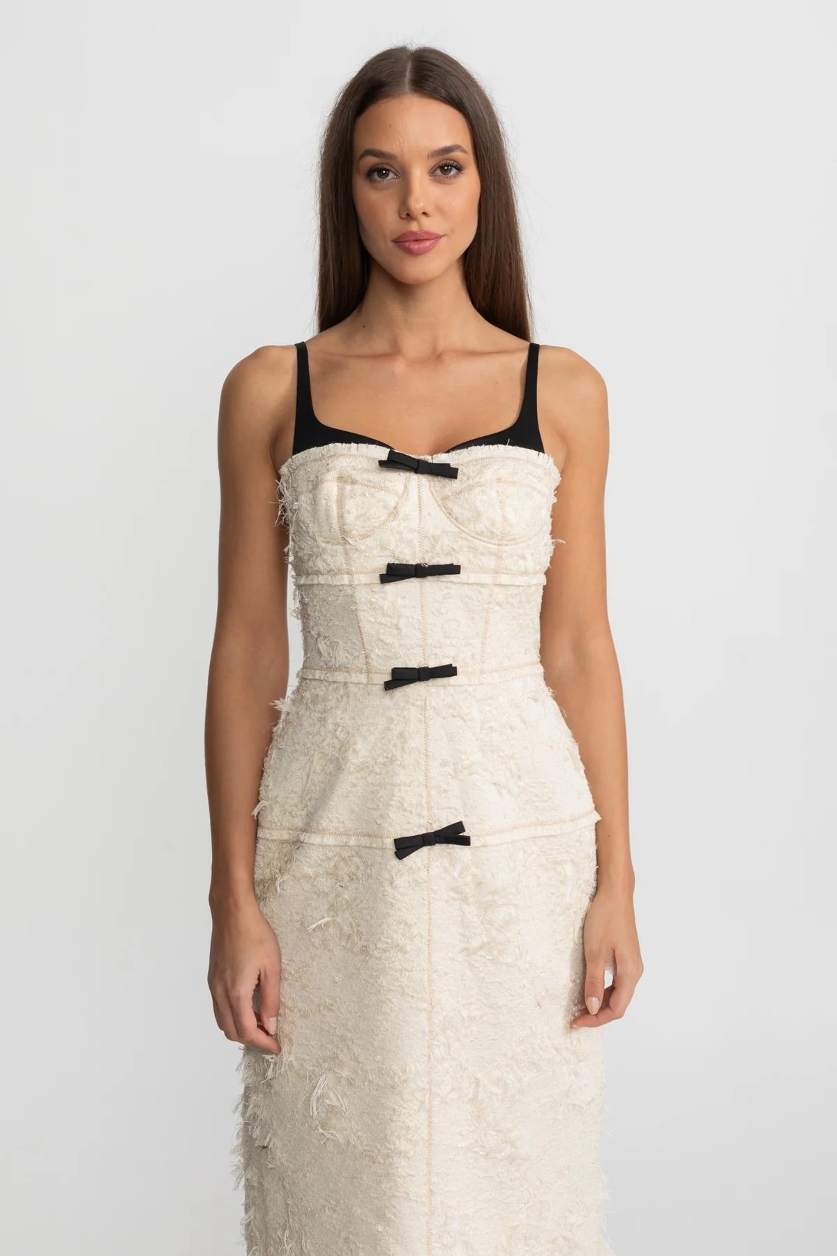 Anneliese Ivoire Textured Tweed Midi Dress With Contrast Straps and Bow Detailing