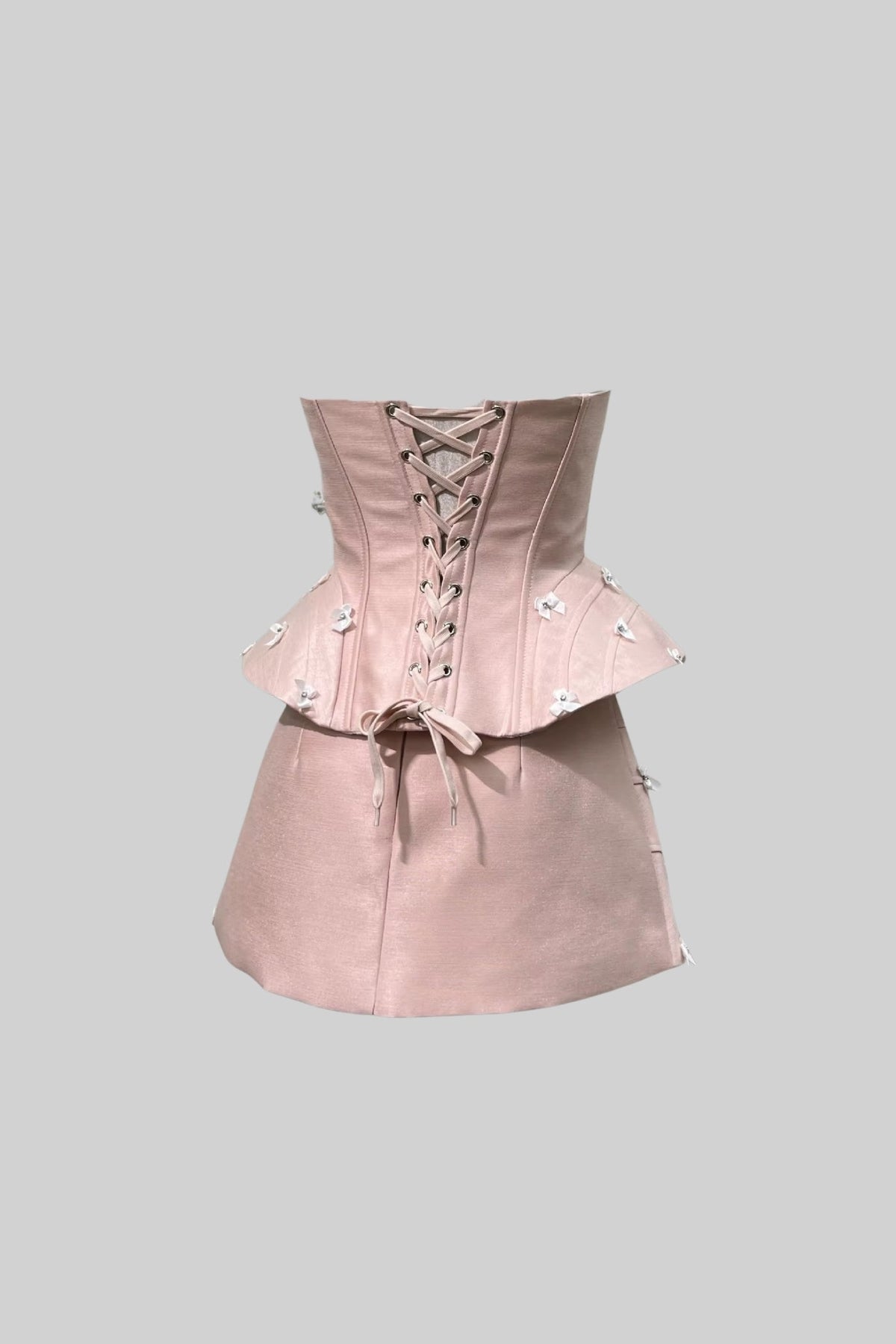 Elegant Set With Peplum Silhouette Top And Mini Skirt - Pink