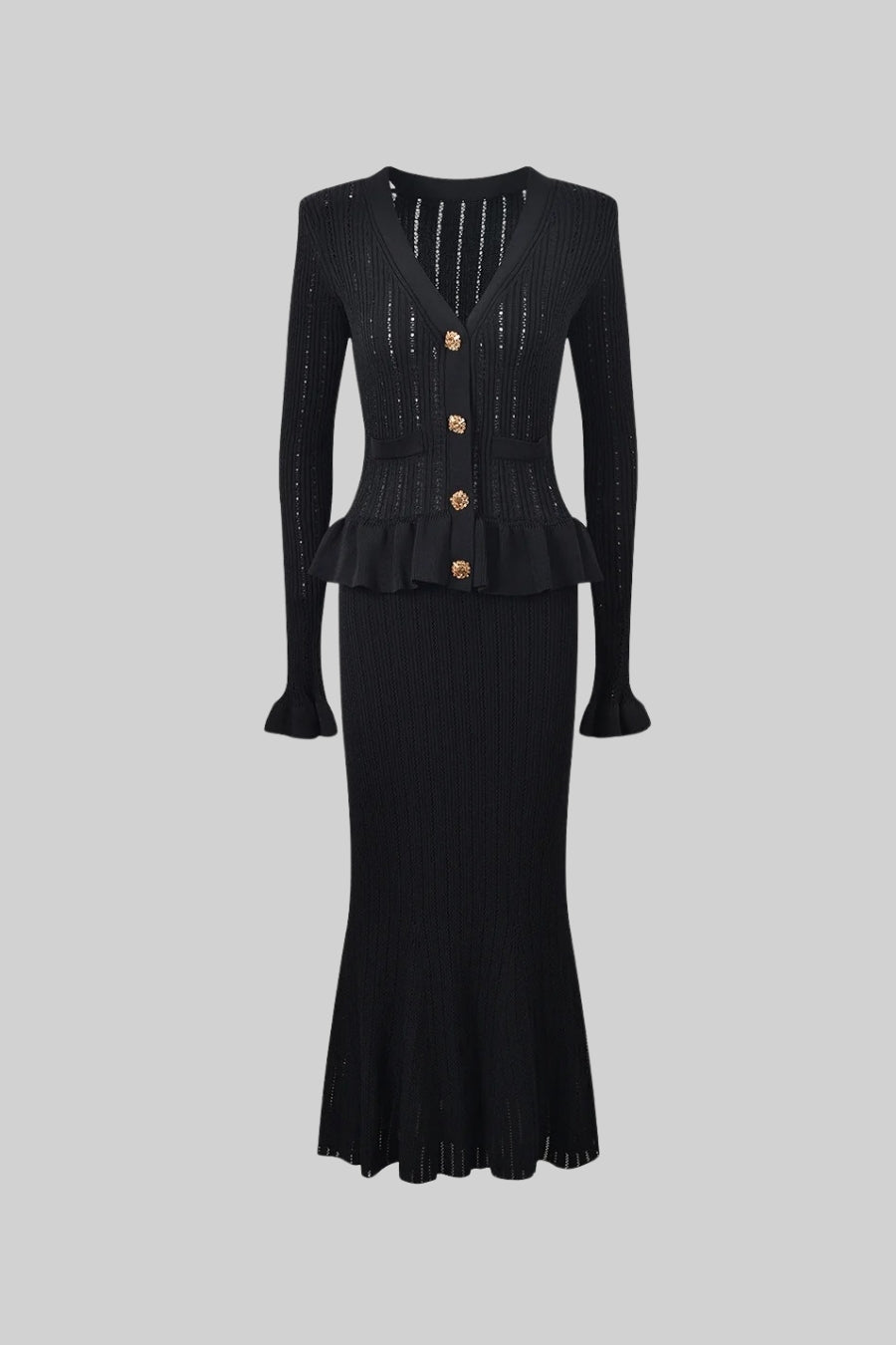 Solange Black Ruffled Jacket & Flared Skirt Knit Matching Set