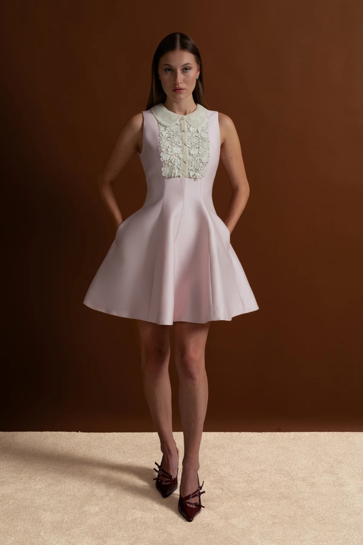A-Line Mini Dress with Lace Bib – Blush Pink