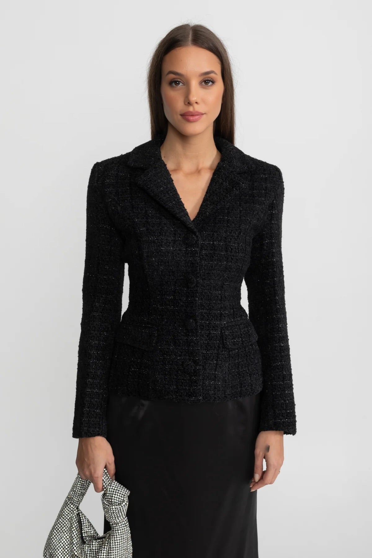 Hermine Black Tweed Blazer and Satin Maxi Skirt Co-Ord Set